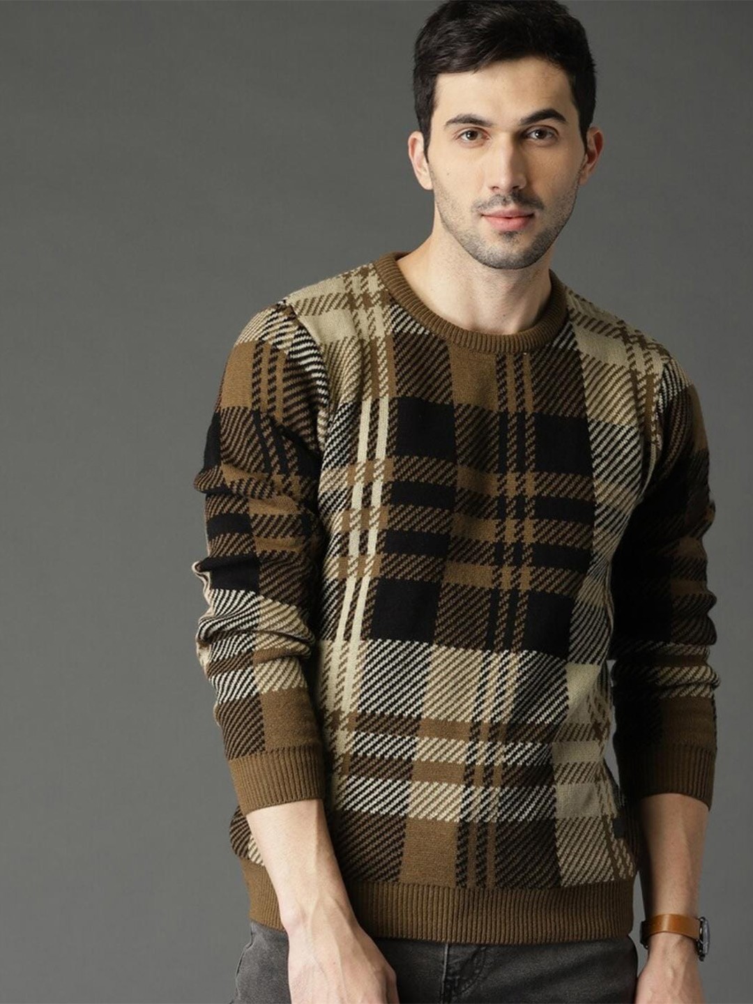 

The Roadster Life Co. Checked Round Neck Pure Acrylic Pullover Sweater, Brown