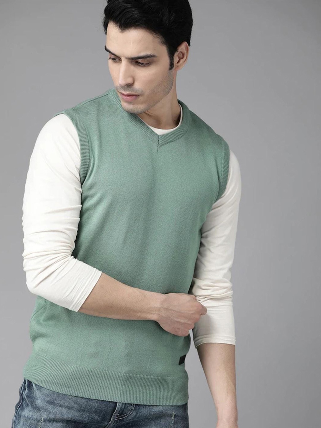 

The Roadster Life Co. V-Neck Sleeveless Pure Acrylic Sweater Vest, Sea green