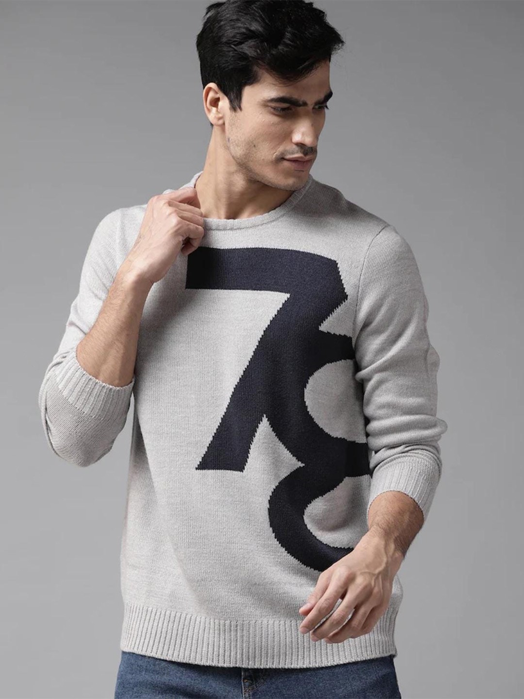 

The Roadster Life Co. Round Neck Long Sleeves Pure Acrylic Pullover Sweater, Grey