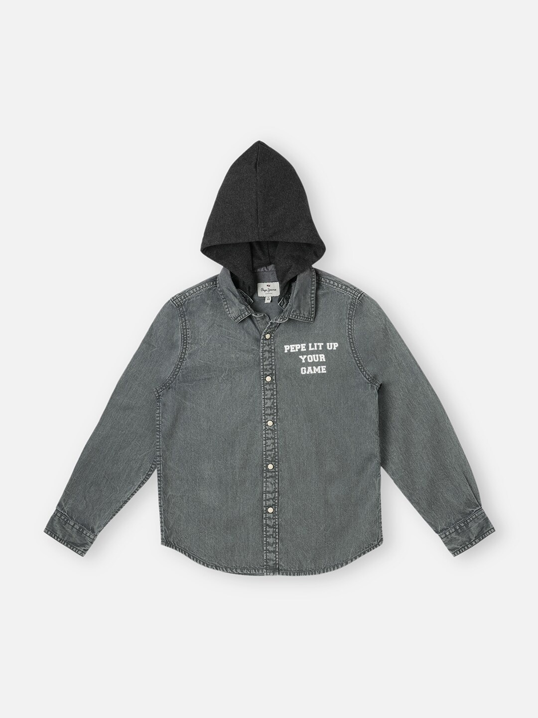 

Pepe Jeans Boys Typography Printed Hooded Neck Long Sleeve Shacket, Grey
