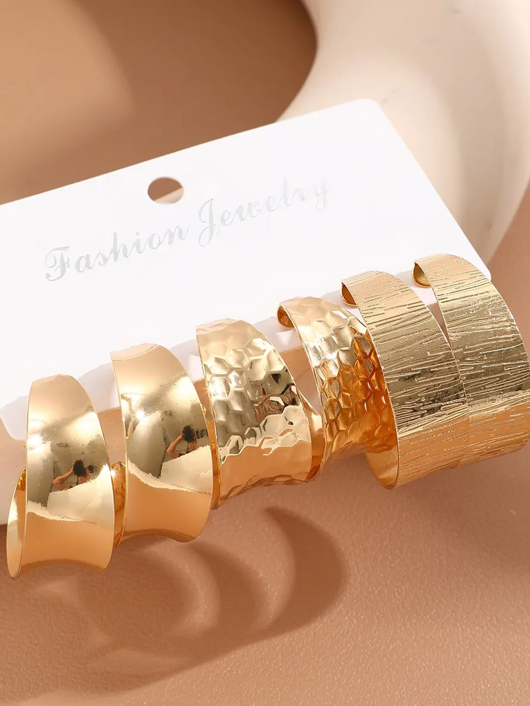 

OOMPH Set Of 3 Chunky Retro Textured Contemporary Hoop Earrings, Gold