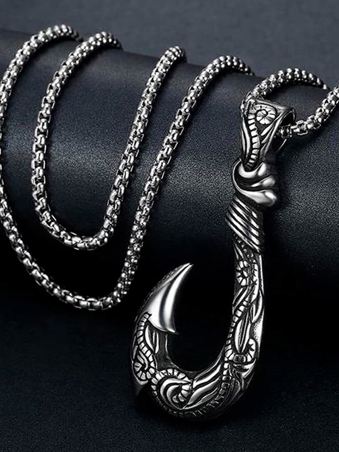 

OOMPH Men Silver Plated Powerful Hook Sign Pendant With Chain
