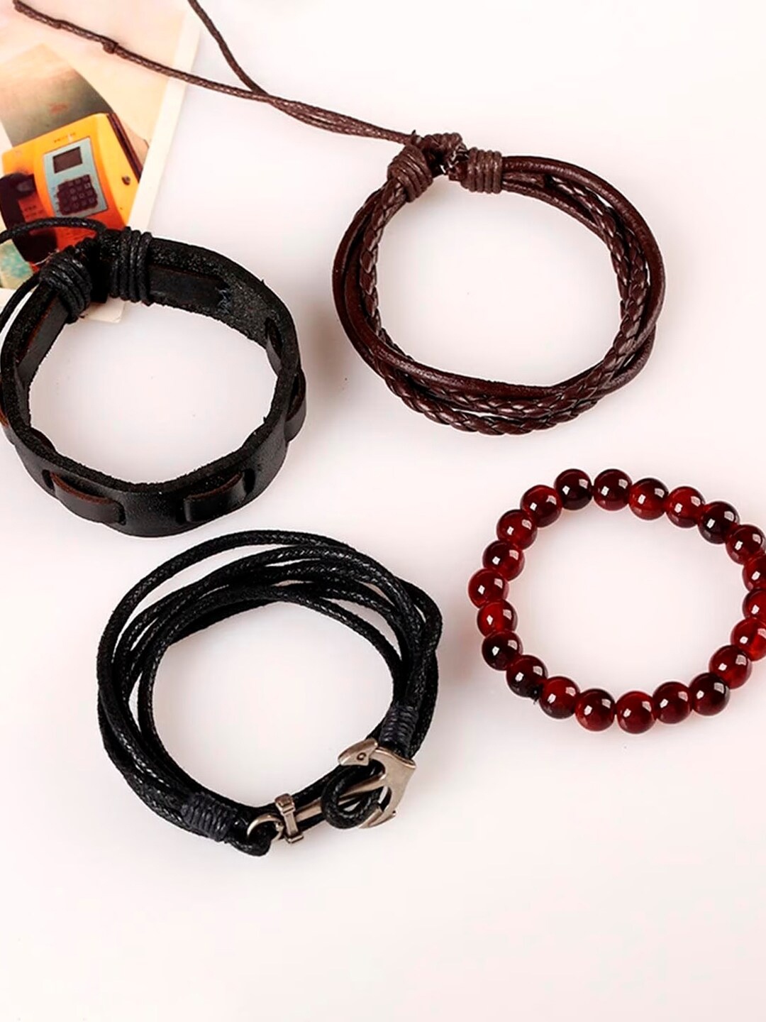 

OOMPH Men Set Of 4 Leather Wraparound Bracelet, Brown