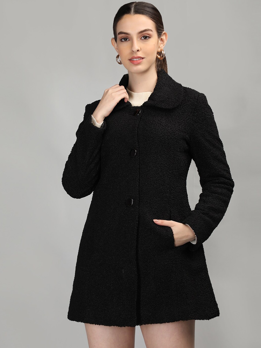 

CHKOKKO Woollen Spread Collar Overcoat, Black