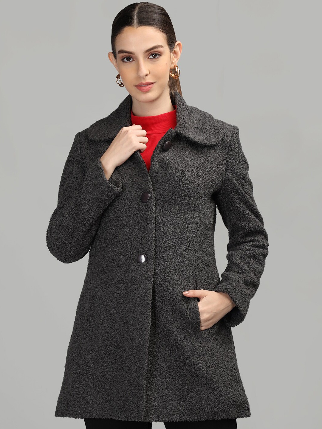 

CHKOKKO Woollen Spread Collar Overcoat, Grey