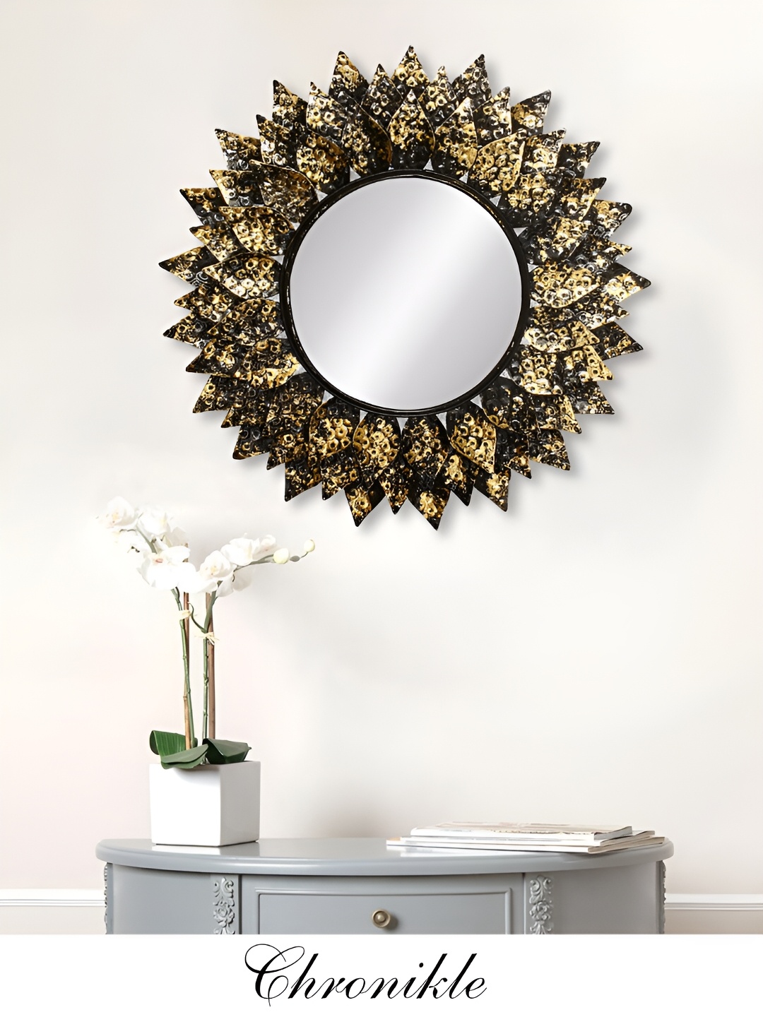 

CHRONIKLE Gold Toned Textured Round Decor Wall Mirror