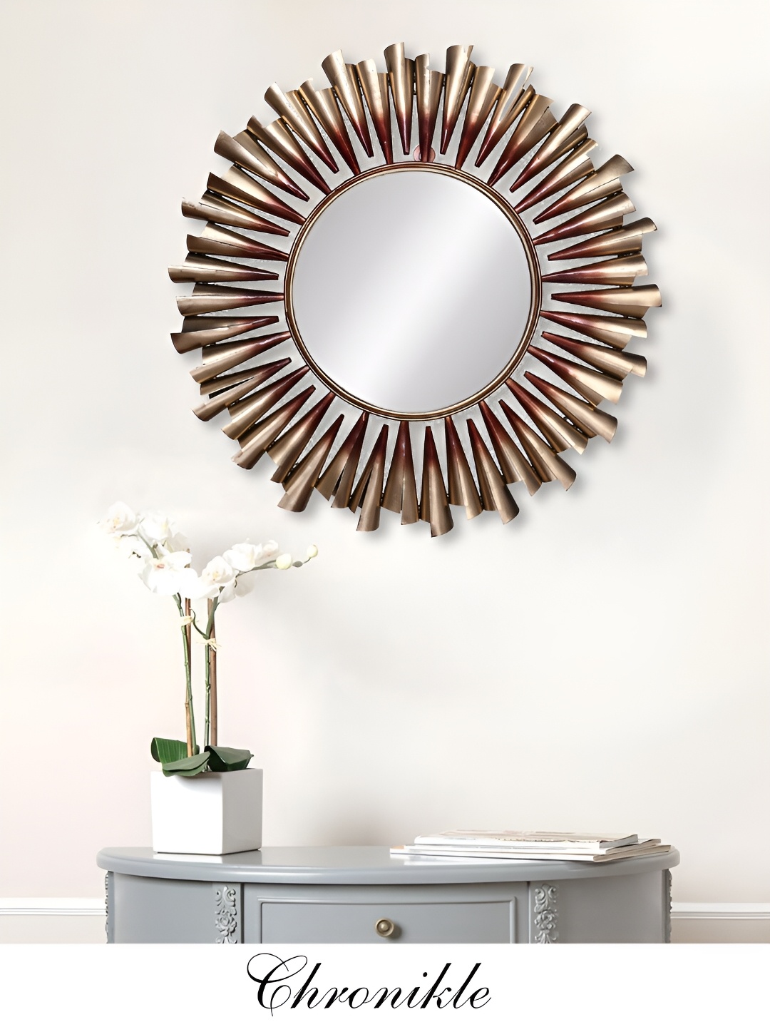 

CHRONIKLE Gold Toned Textured Round Decor Wall Mirror