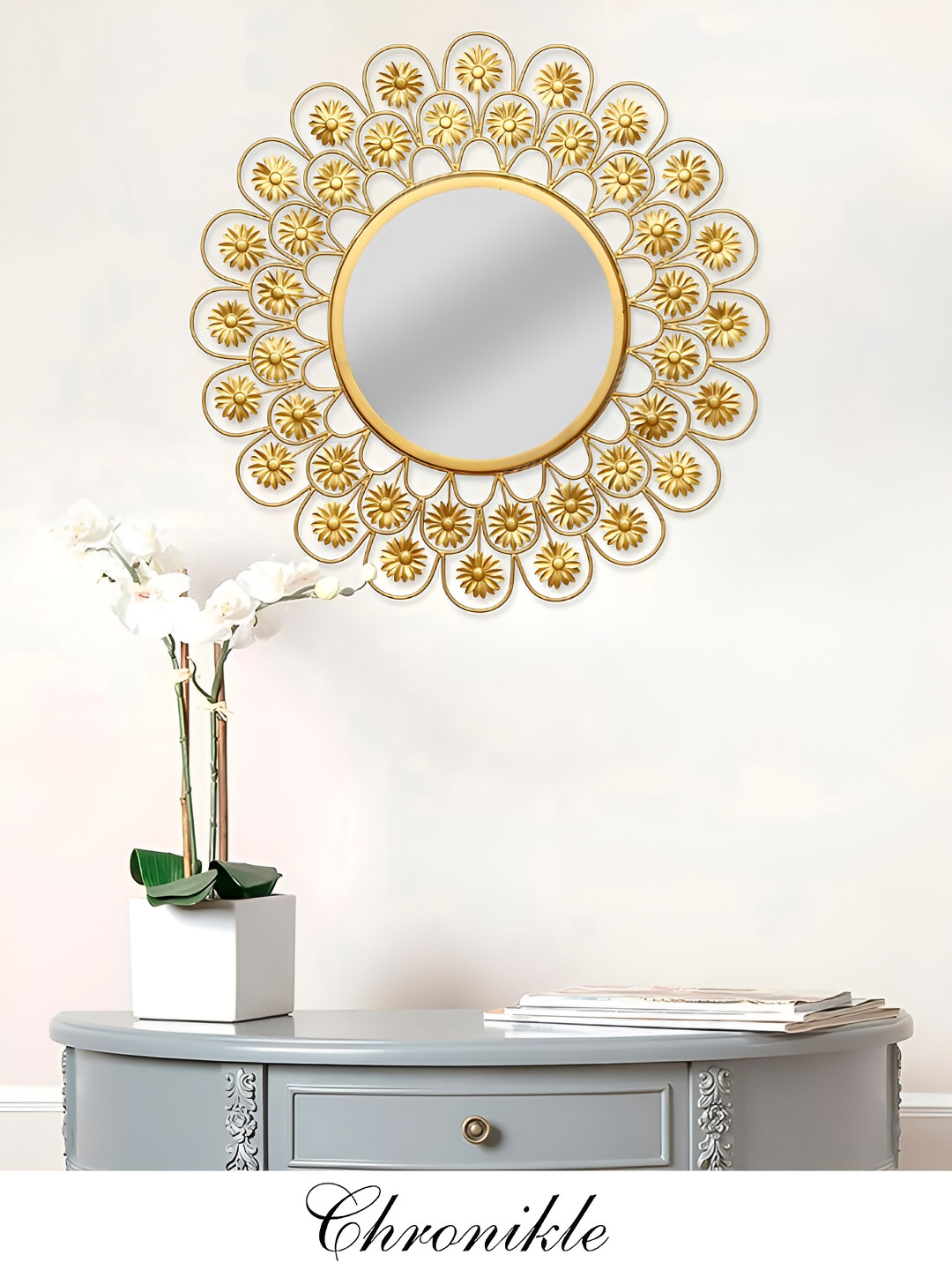 

CHRONIKLE Gold-toned Textured Round Decor Wall Mirror