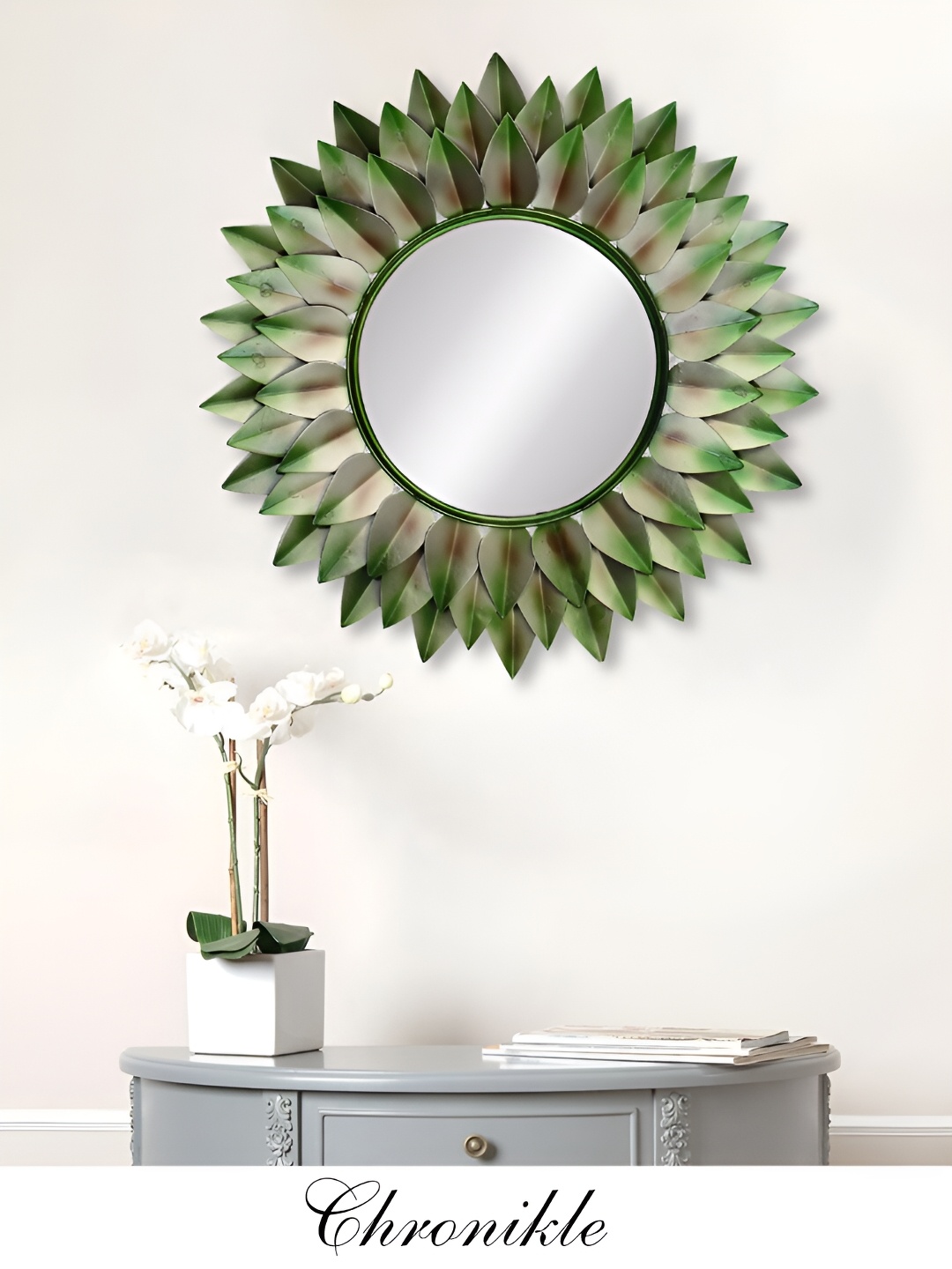 

CHRONIKLE Green Textured Round Decor Wall Mirror