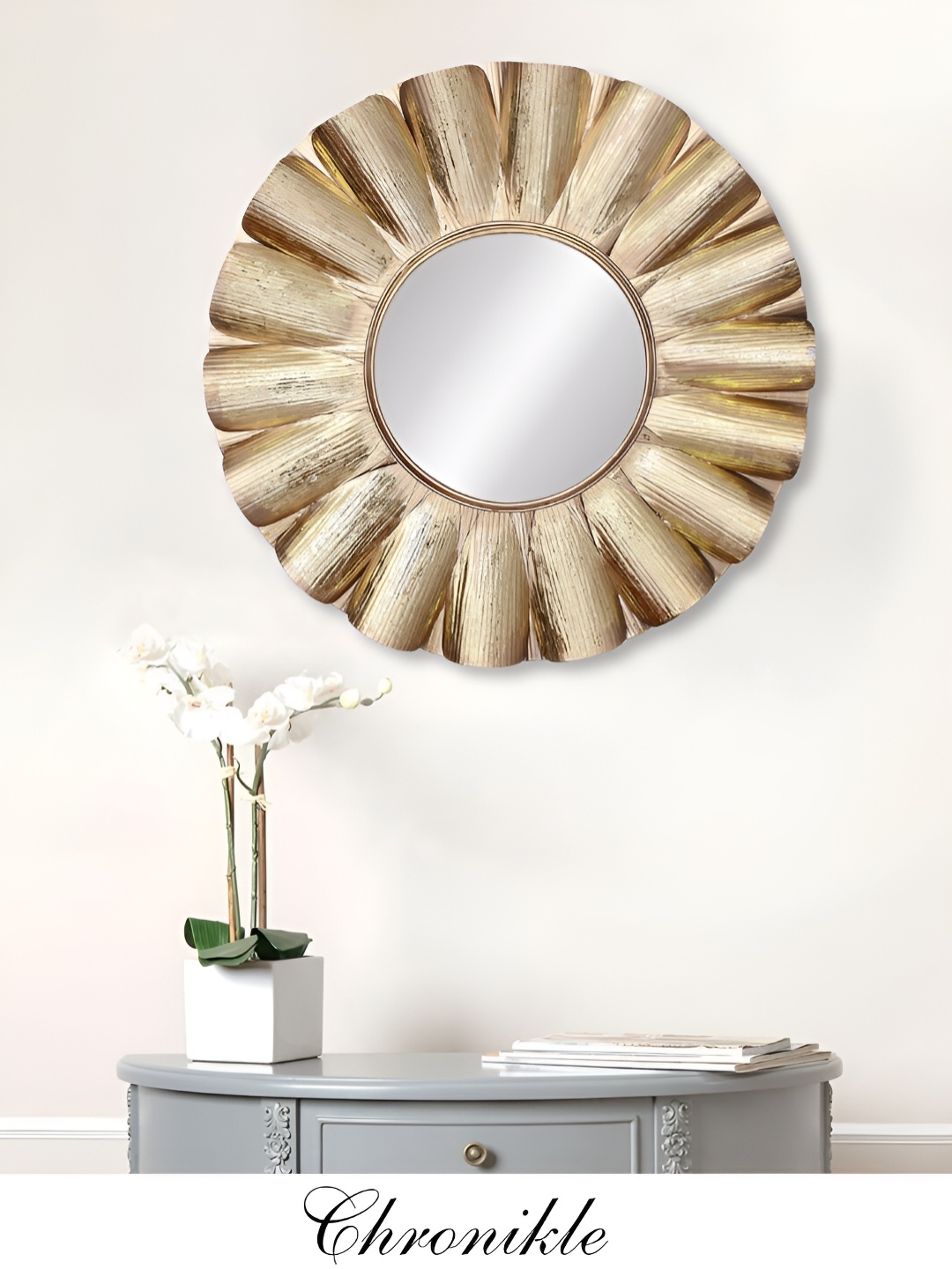 

CHRONIKLE Gold Toned Textured Round Decor Wall Mirror