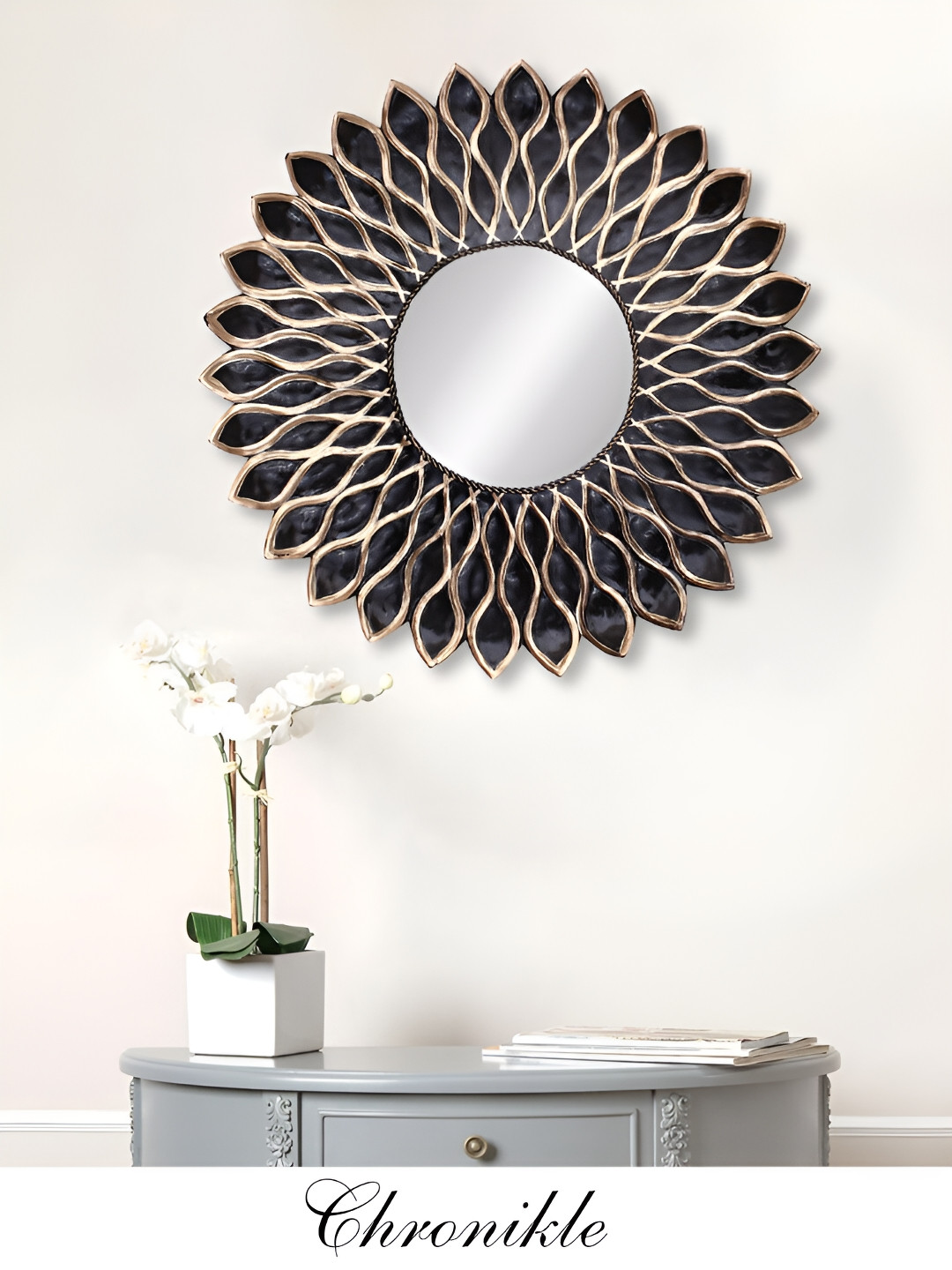 

CHRONIKLE Black & Metallic-toned Round Decor Wall Mirror