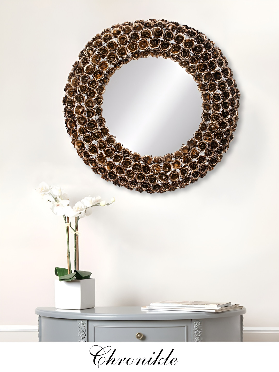 

CHRONIKLE Gold Toned Floral Round Decor Wall Mirror