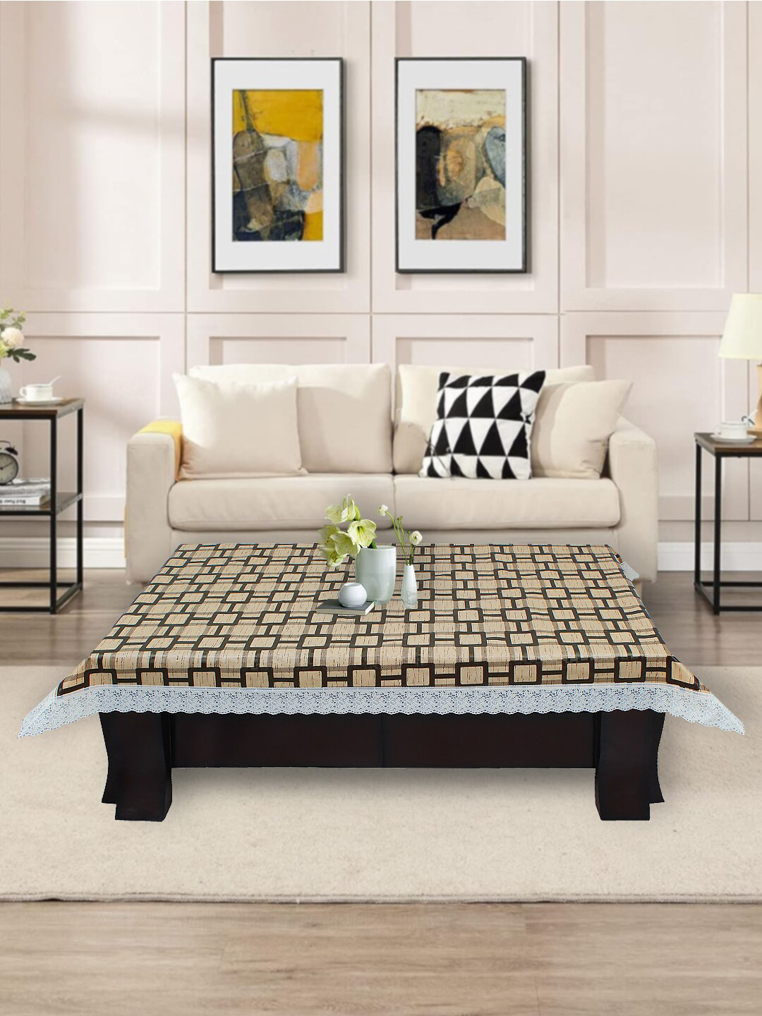 

DREAM CARE Beige Geometric Printed Waterproof Rectangular 2 Seater Center Table Cover