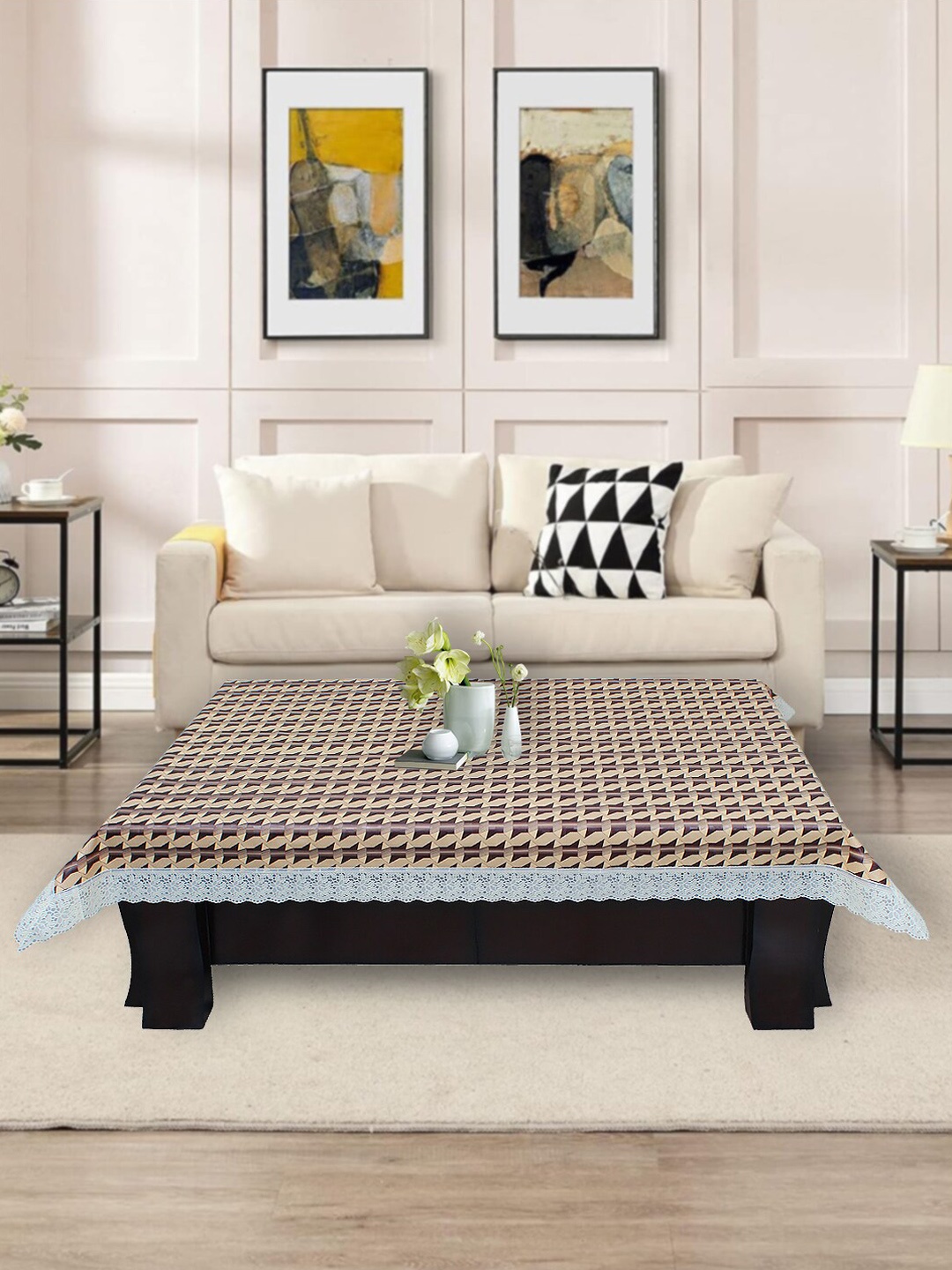 

DREAM CARE Beige & Brown Geometric Printed Waterproof Rectangular Center Table Cover