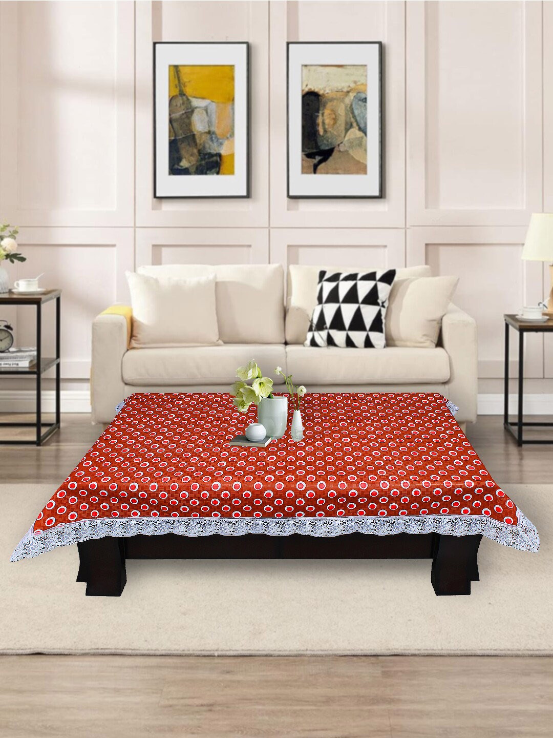 

DREAM CARE Brown And White Floral Printed Waterproof Table Cover, Red