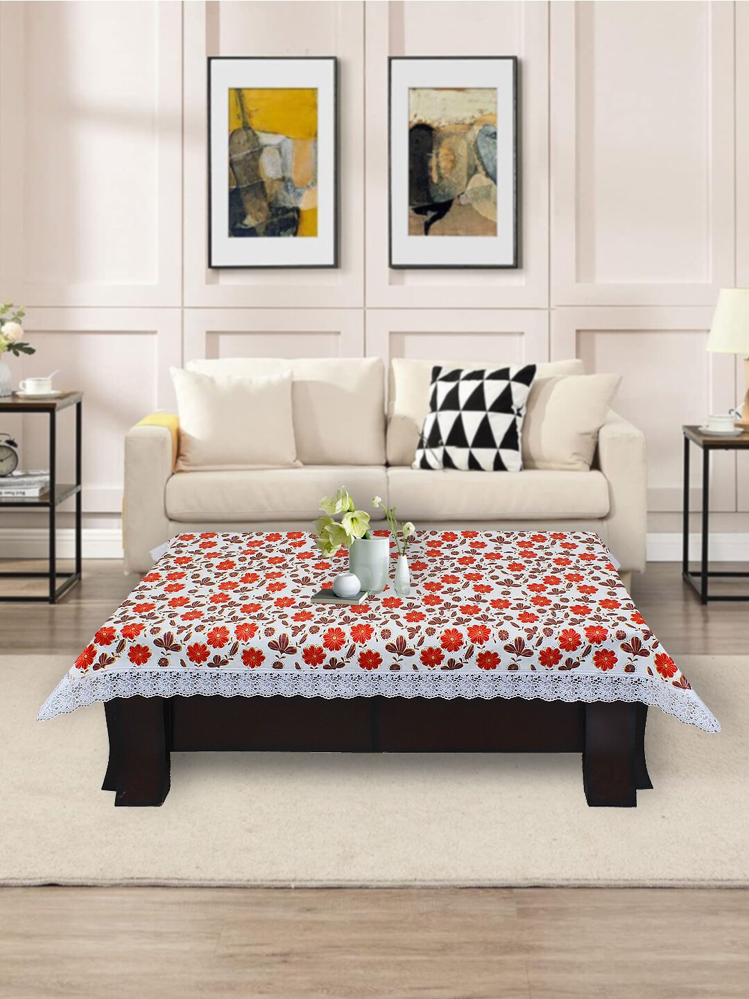 

DREAM CARE White & Red Floral Printed Waterproof Rectangular Center Table Cover