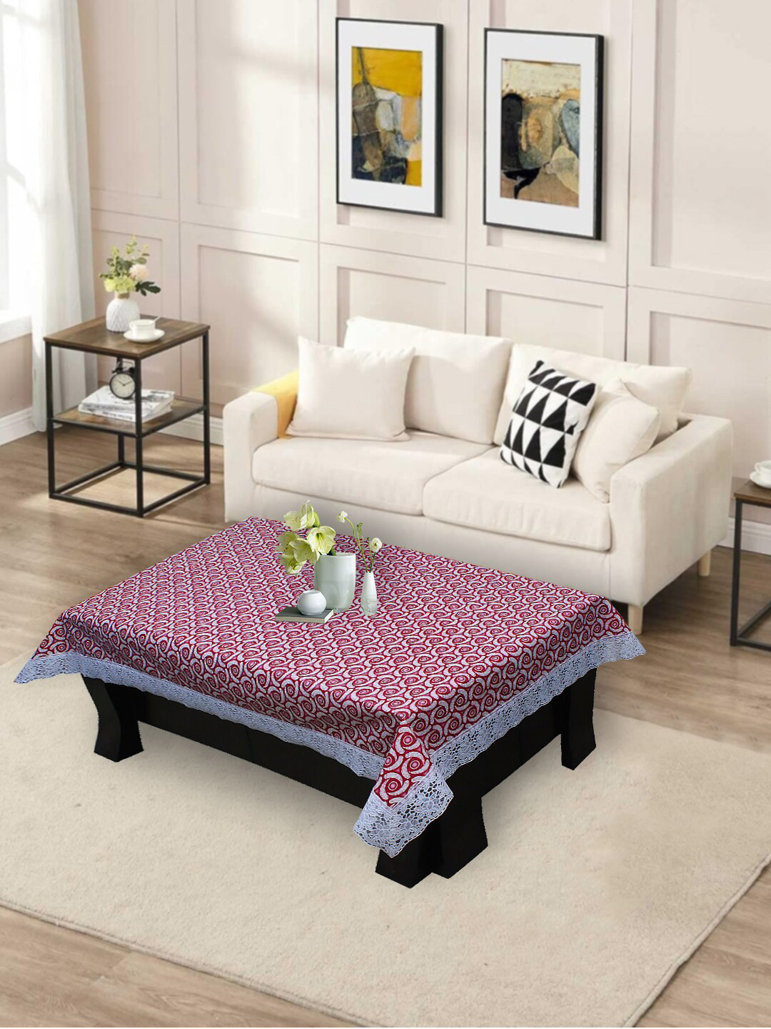 

DREAM CARE Maroon & White Floral Printed Waterproof Table Cover