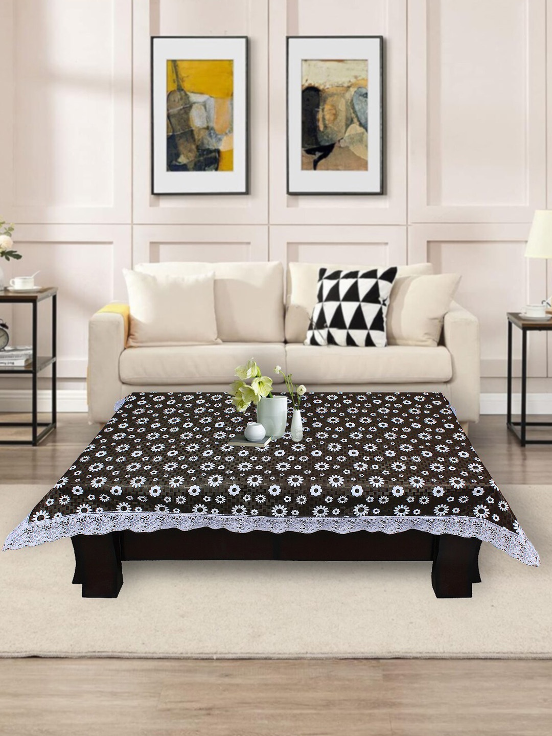 

DREAM CARE Black & White Floral Printed Rectangular 2 Seater Table Cover