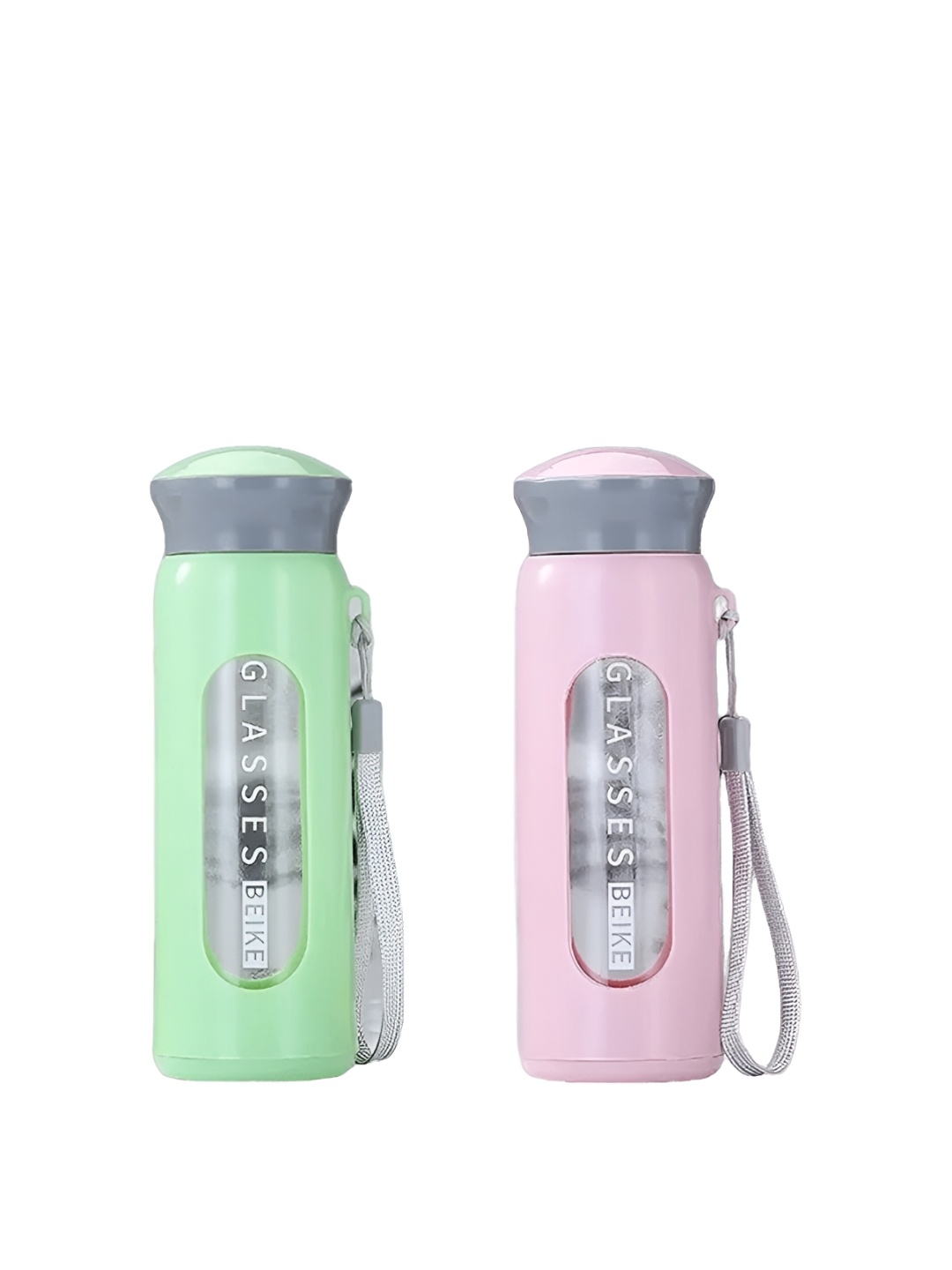 

WELOUR Green & Pink 2 Pieces Glass Solid Water Bottle 450ml