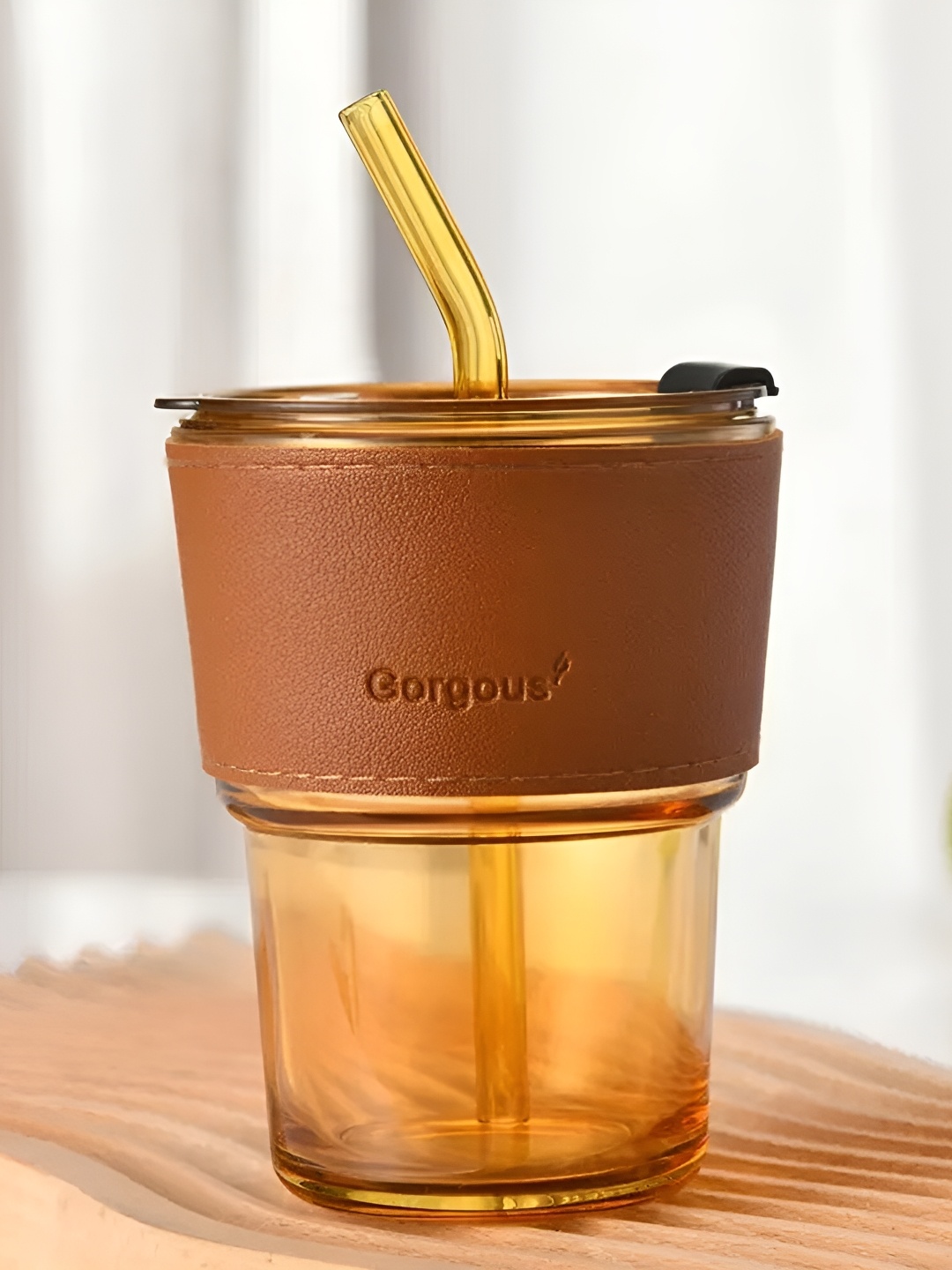 

WELOUR Brown & Black 2 Pieces Glass Cups with Straw
