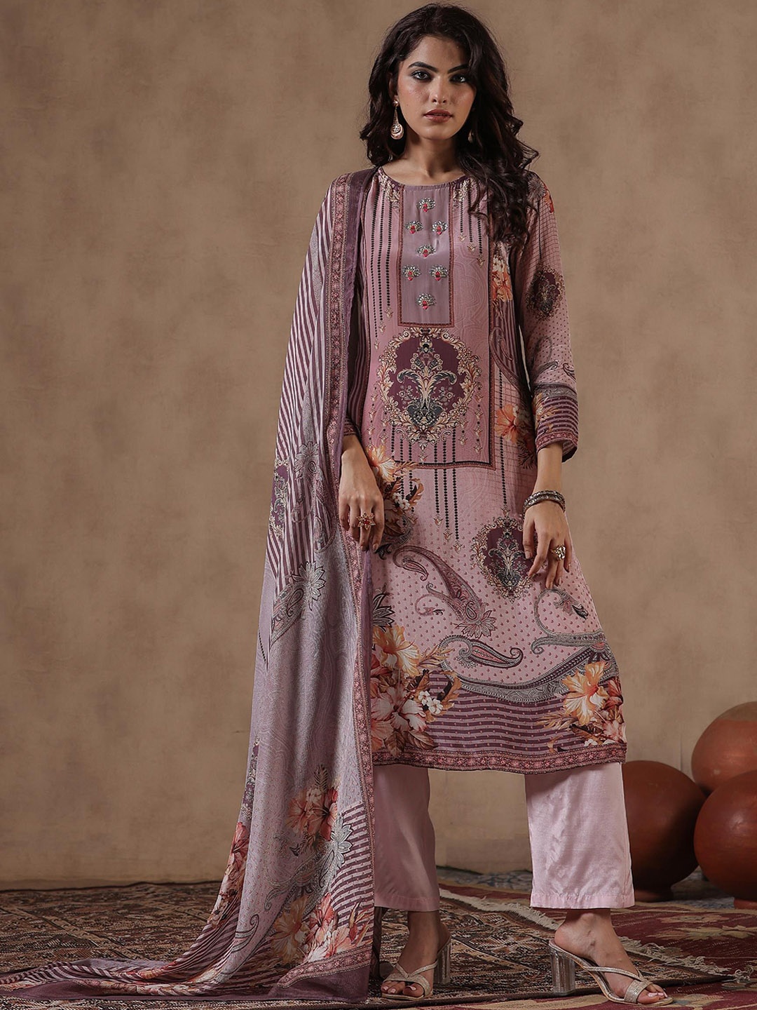 

SCAKHI Ethnic Motifs Printed Regular Kurta With Trousers & Dupatta, Purple