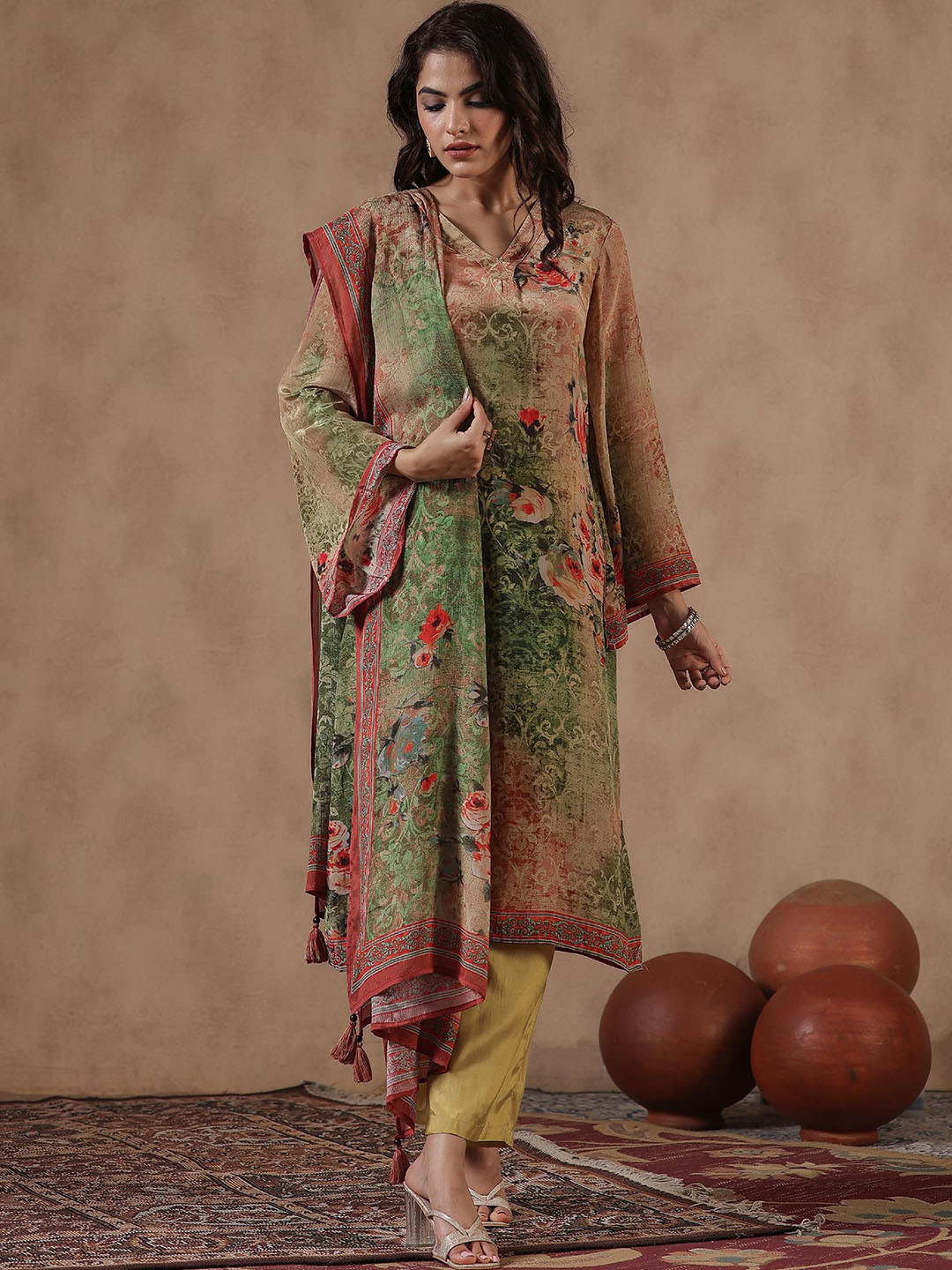 

SCAKHI Floral Printed V-Neck Bell Sleeves Regular Kurta With Trousers & Dupatta, Green