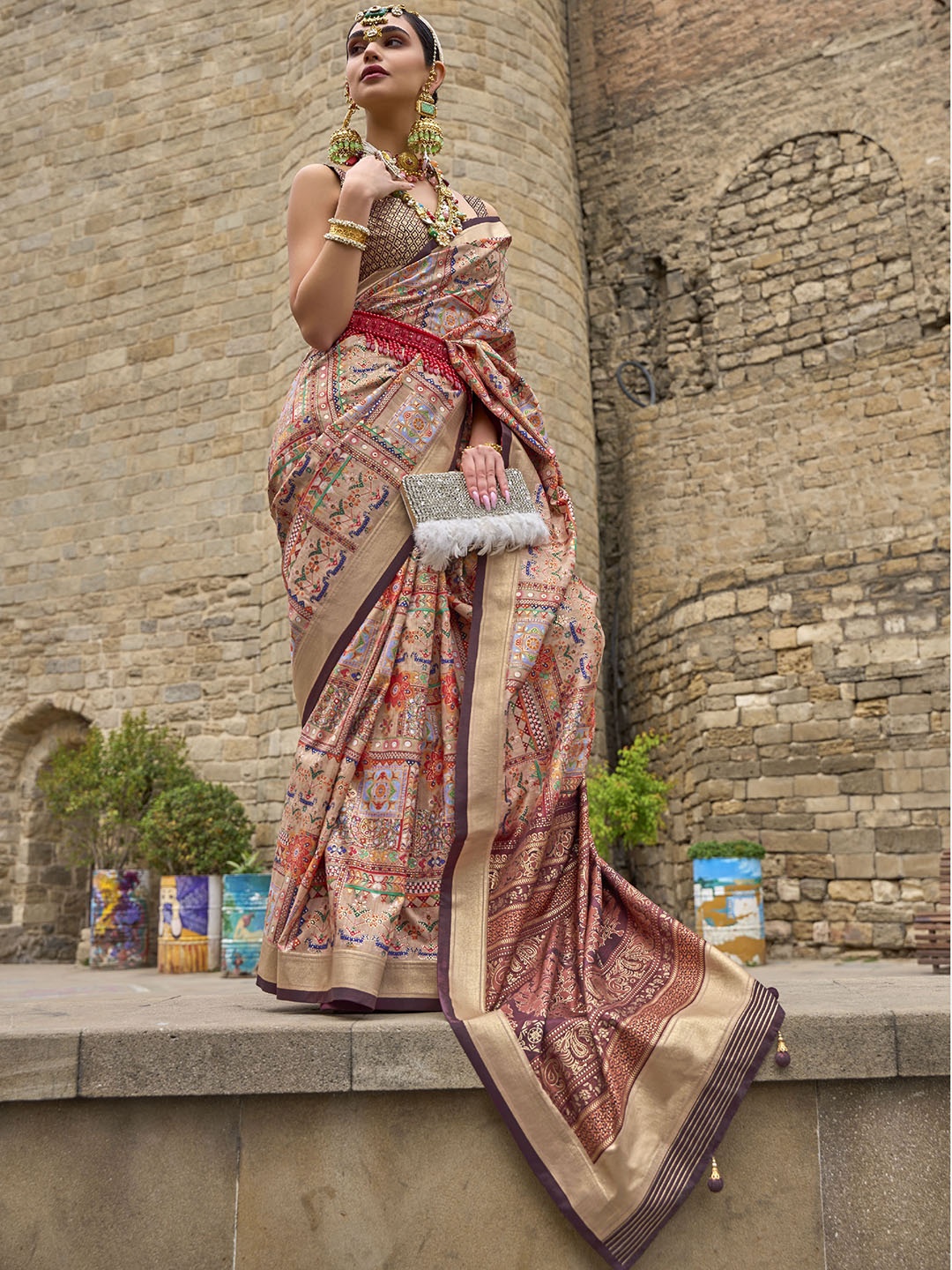

Mitera Beige Ethnic Motifs Printed Zari Saree