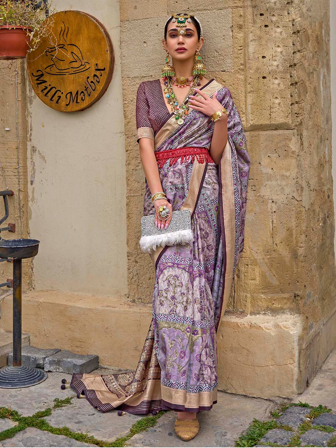 

Mitera Lavender Ethnic Motifs Printed Zari Saree