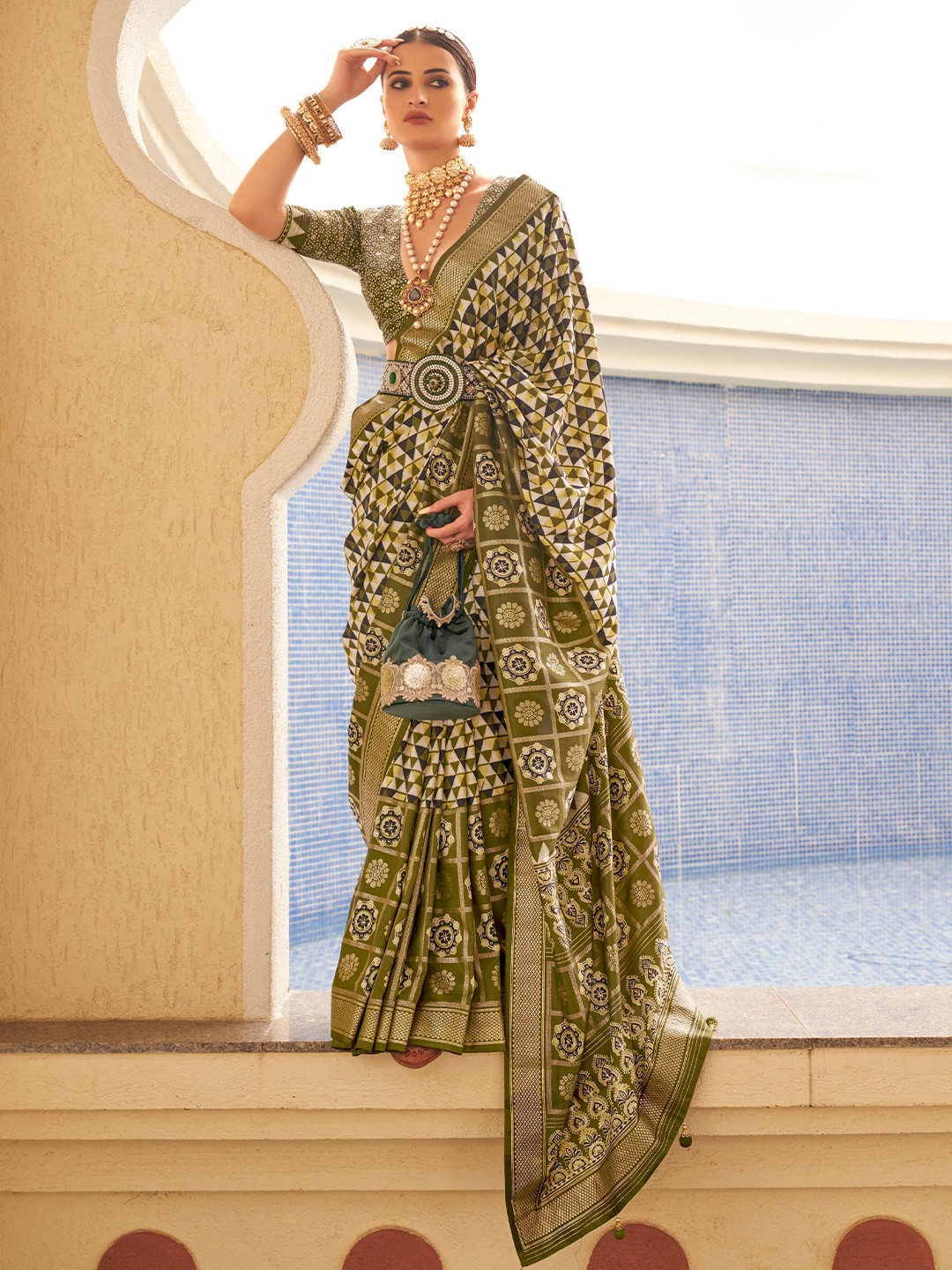 

Mitera Geometric Printed Zari Detail Saree, Olive