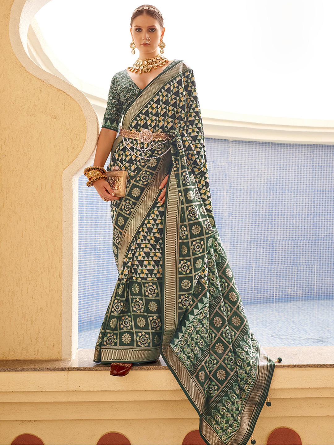 

Mitera Geometric Printed Zari Detail Saree, Green