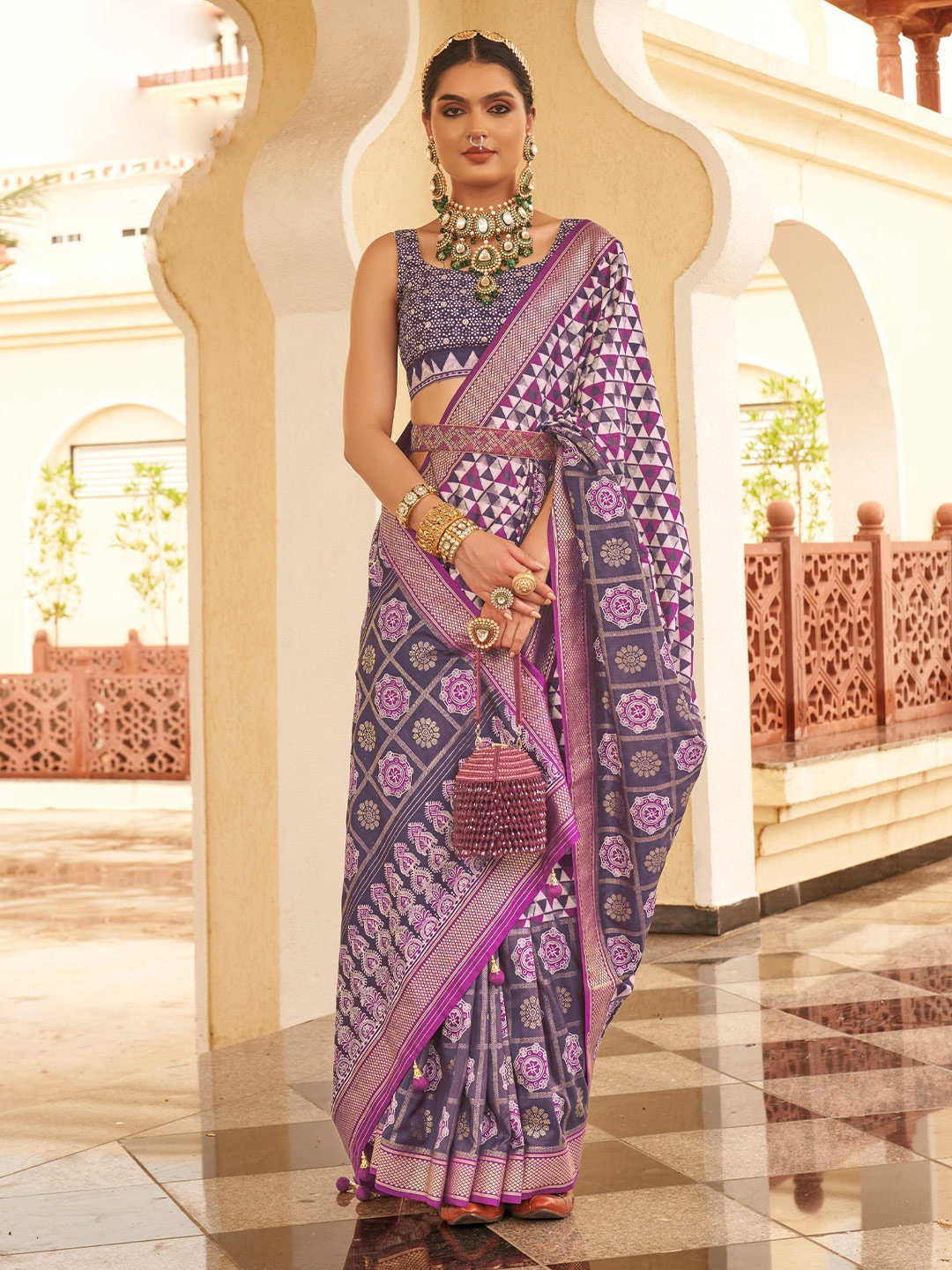 

Mitera Purple Ethnic Motifs Printed Zari Saree