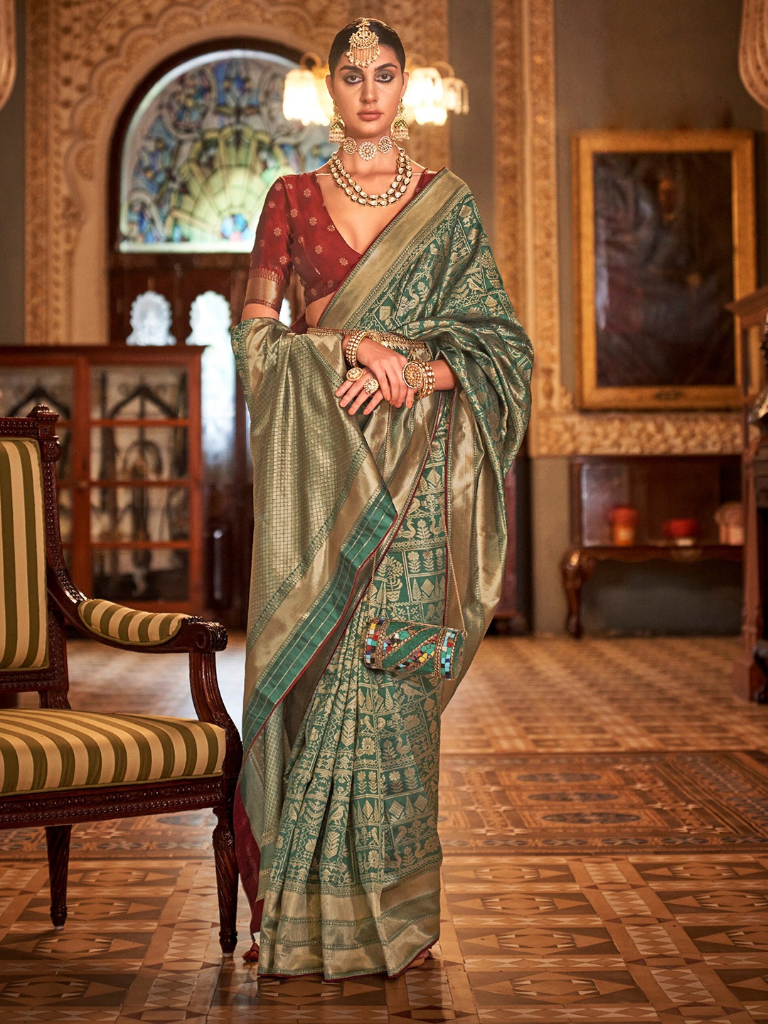 

Mitera Green Floral Woven Designed Zari Saree