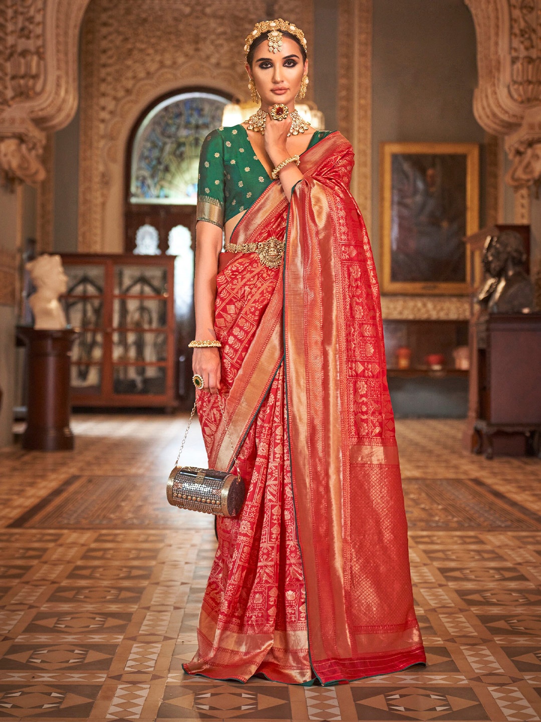 

Mitera Red & Gold-Toned Ethnic Motif Woven Design Silk Zari Saree