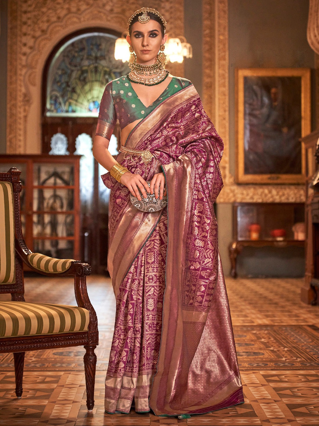 

Mitera Purple Floral Woven Designed Zari Saree