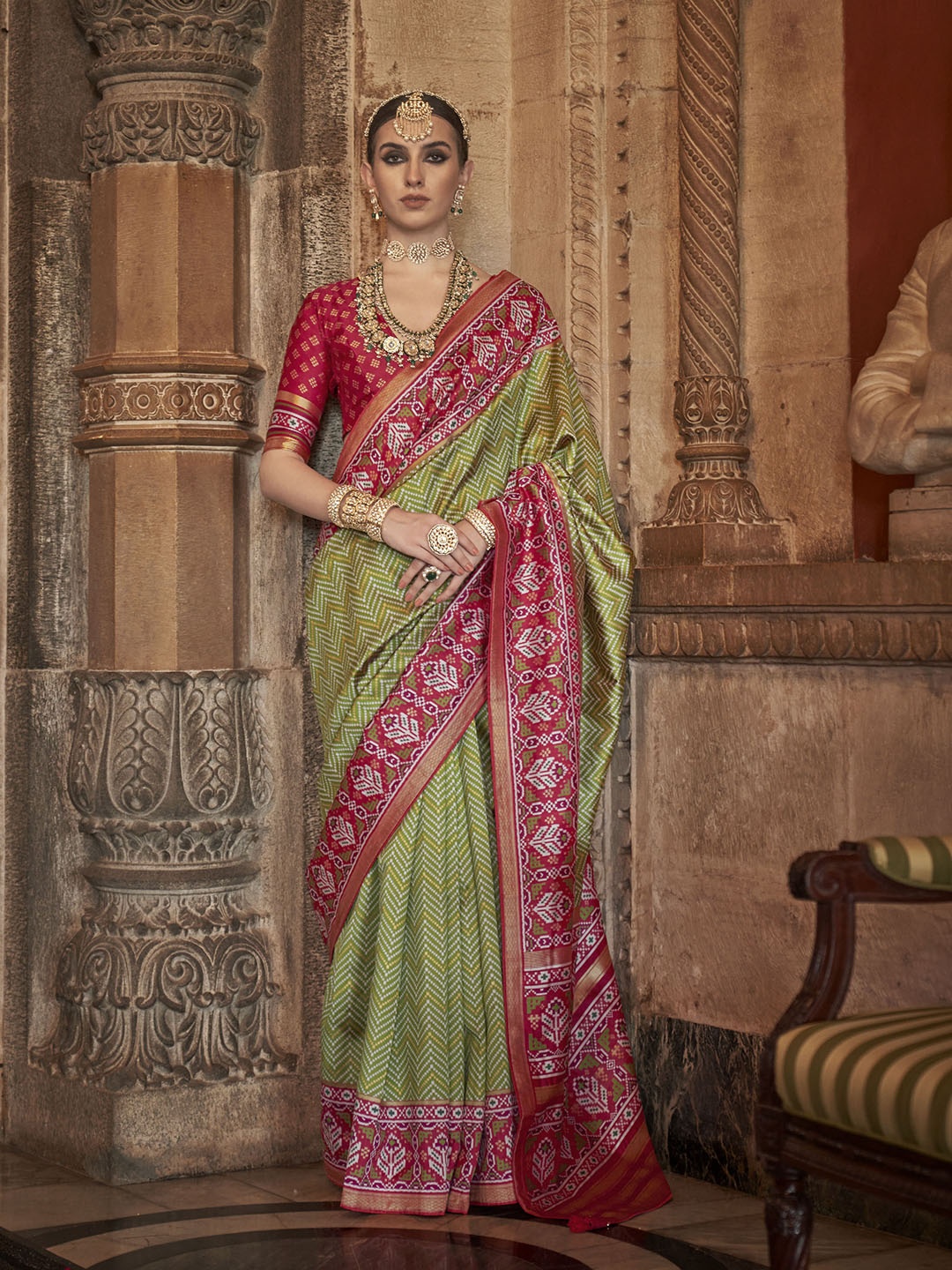 

Mitera Ethnic Motifs Woven Design Saree, Olive