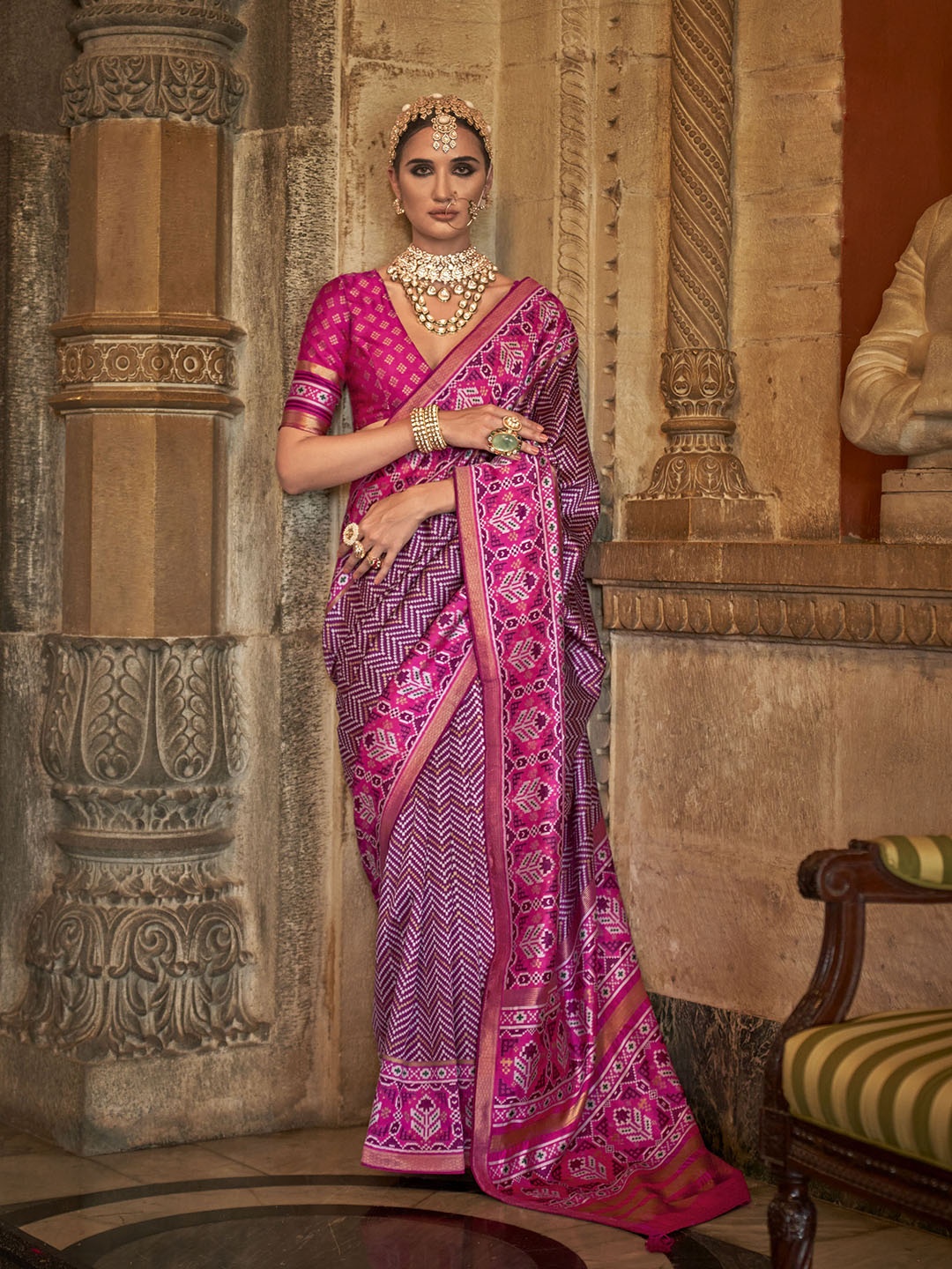

Mitera Purple Ethnic Motifs Printed Zari Silk Blend Patola Saree