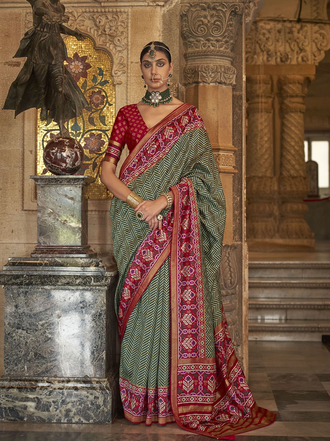 

Mitera Green & Red Chevron Printed Silk Zari Saree