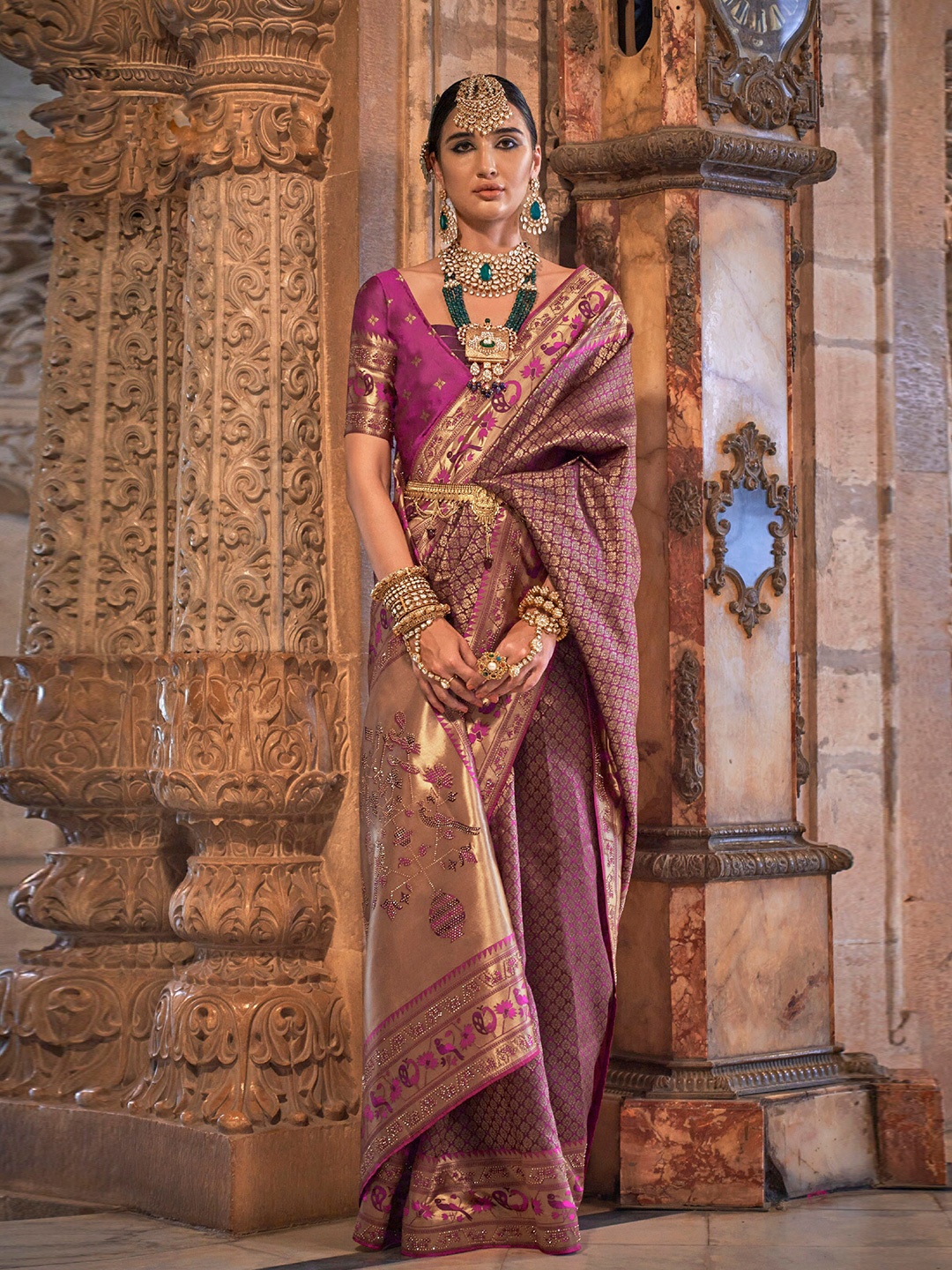

Mitera Purple Ethnic Motifs Woven Design Zari Paithani Saree