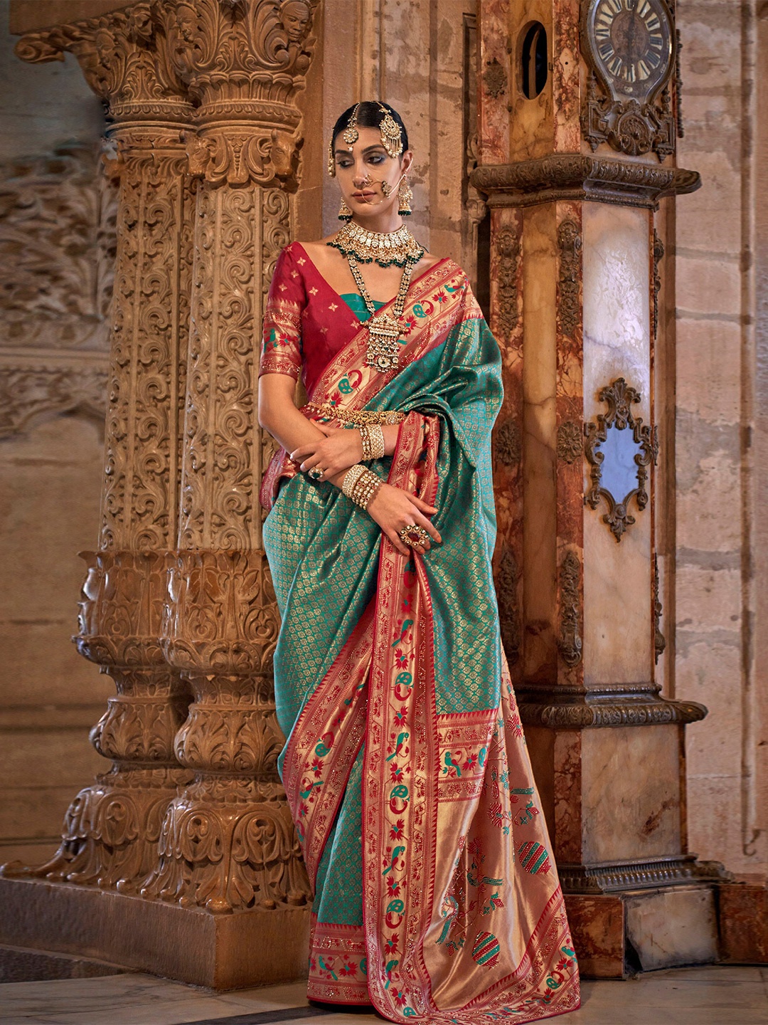 

Mitera Ethnic Motifs Woven Design Zari Detail Saree, Green