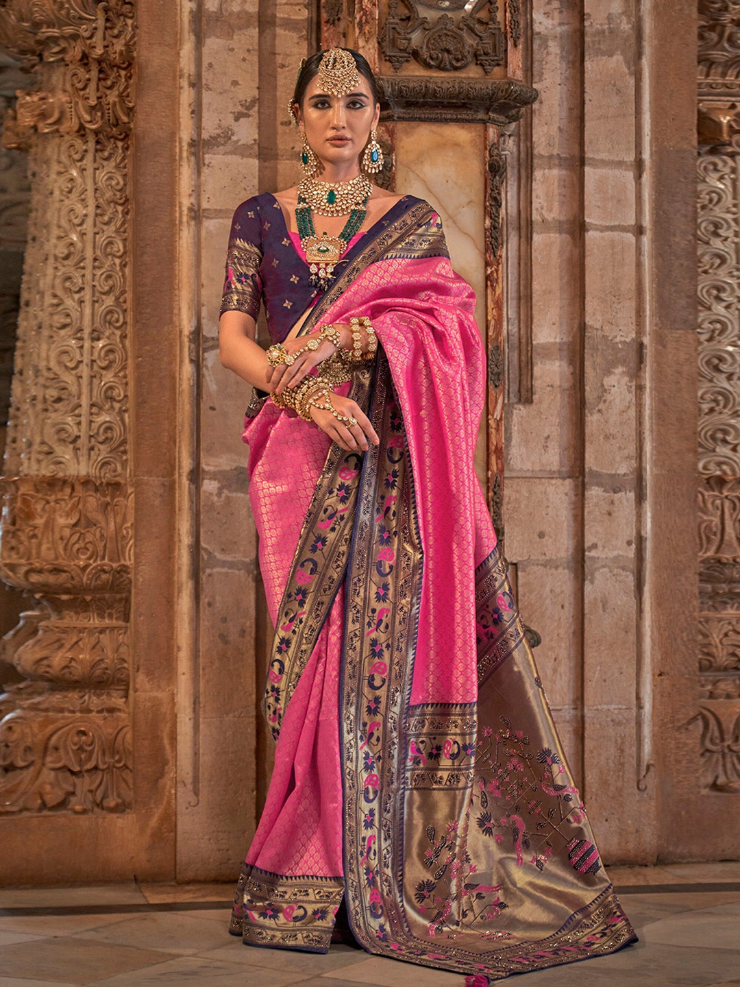 

Mitera Pink Floral Woven Design Zari Paithani Saree