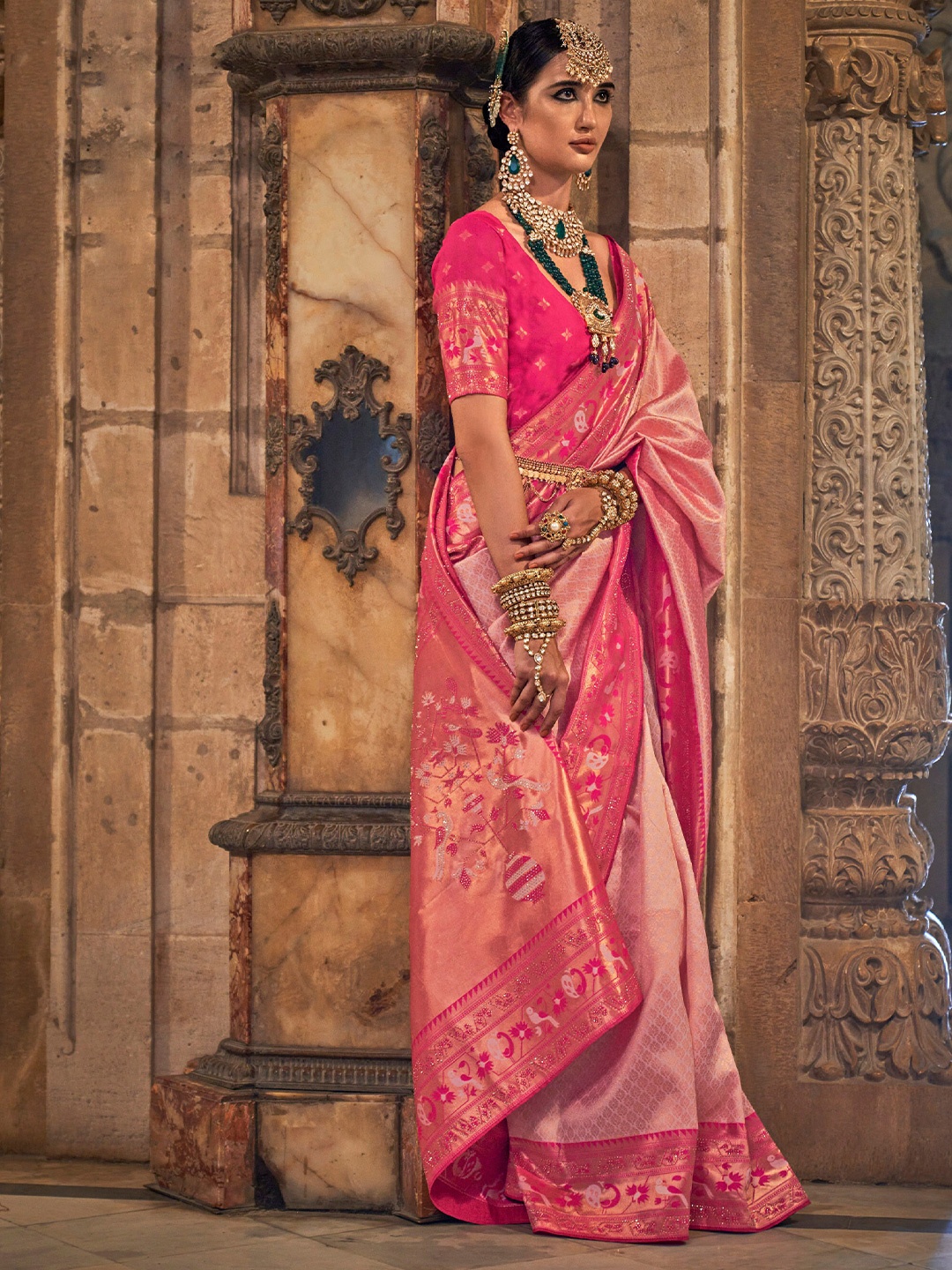 

Mitera Ethnic Motifs Woven Design Zari Detail Saree, Pink