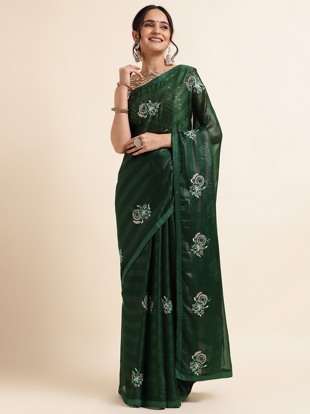 

FABMORA Green Embellished Embroidered Poly Chiffon Designer Saree
