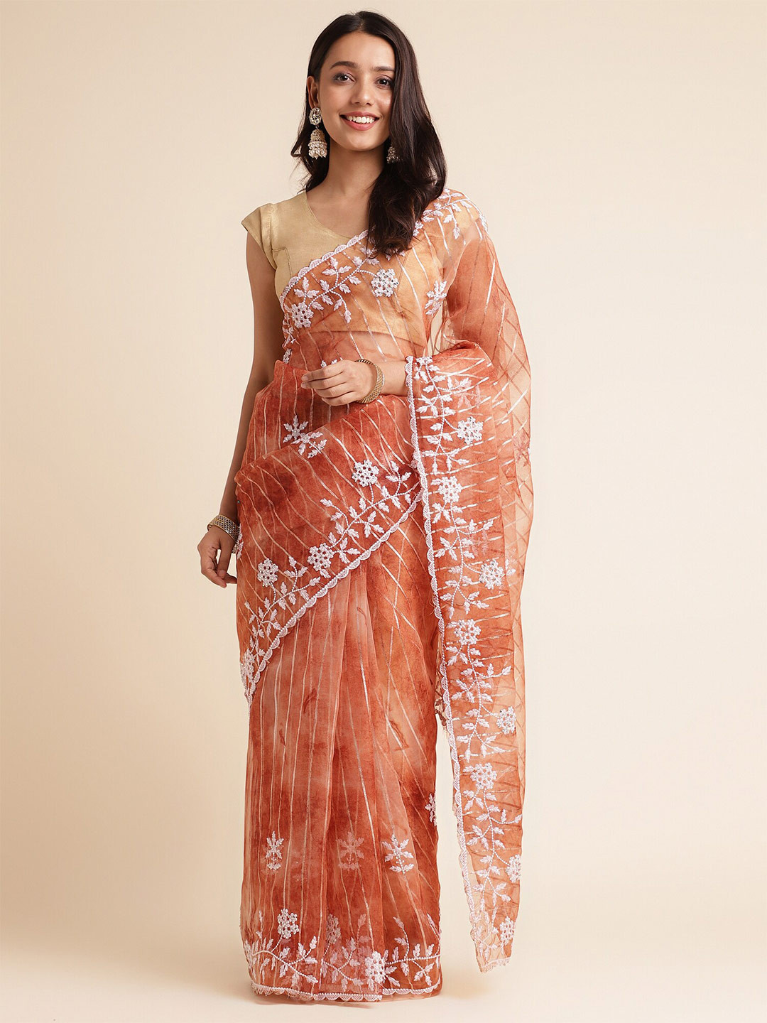 

FABMORA Floral Embroidered Organza Saree, Rust