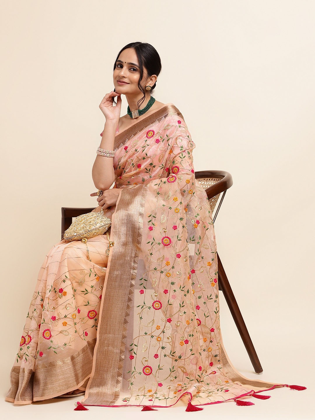 

FABMORA Embroidered Organza Saree, Peach