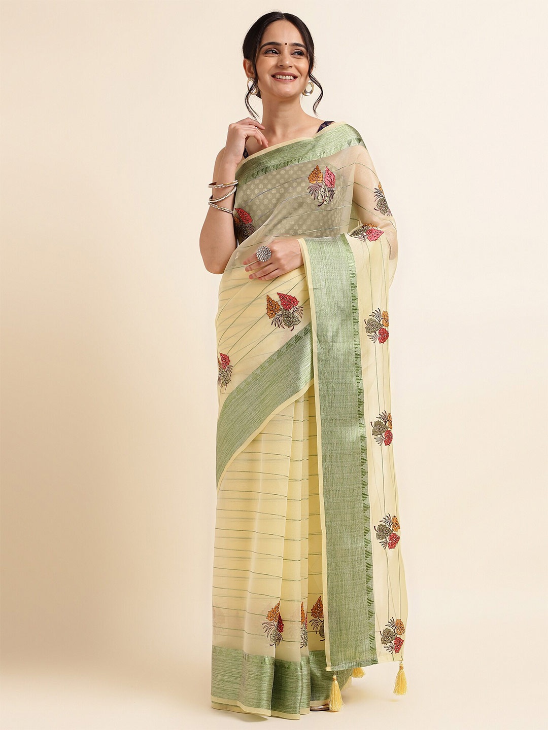 

FABMORA Yellow & Green Embellished Embroidered Organza Designer Saree