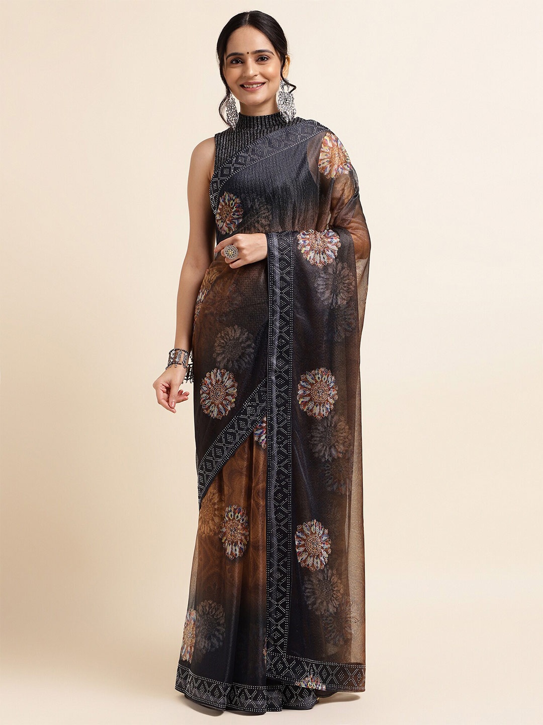 

FABMORA Floral Printed Beads and Stones Embellished Saree, Orange