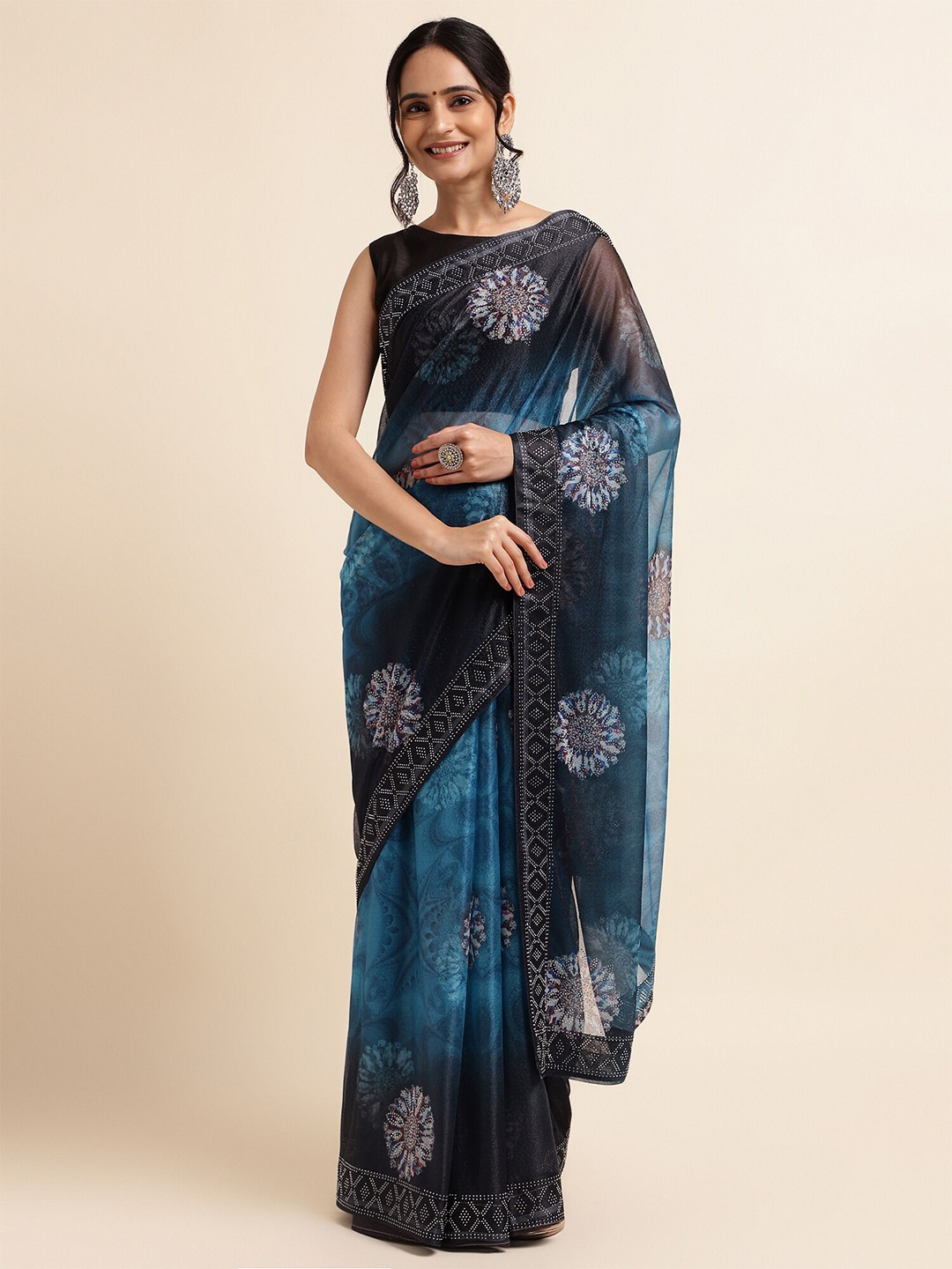 

FABMORA Floral Printed Beads and Stones Embellished Saree, Blue
