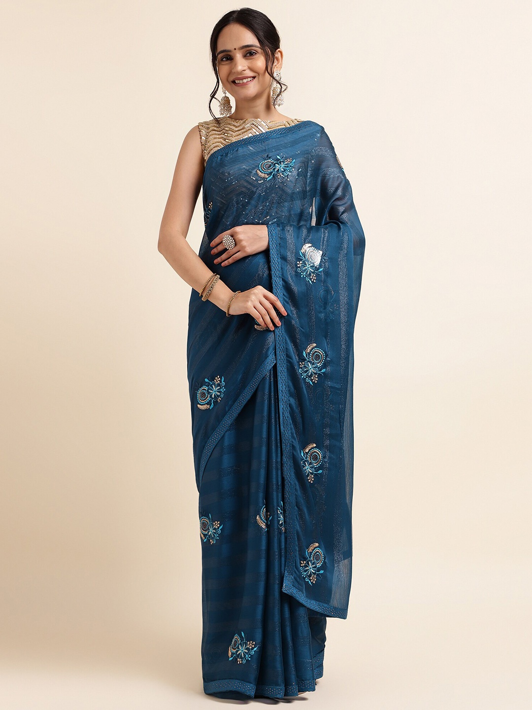 

FABMORA Embellished Embroidered Poly Chiffon Designer Saree, Blue