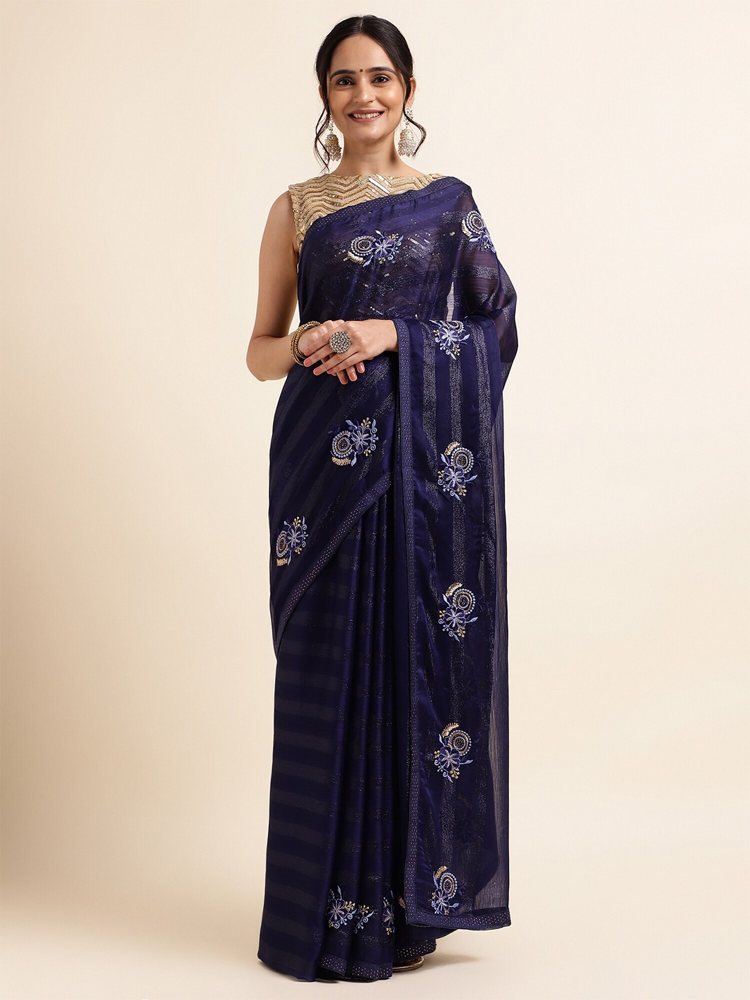 

FABMORA Embellished Saree, Navy blue