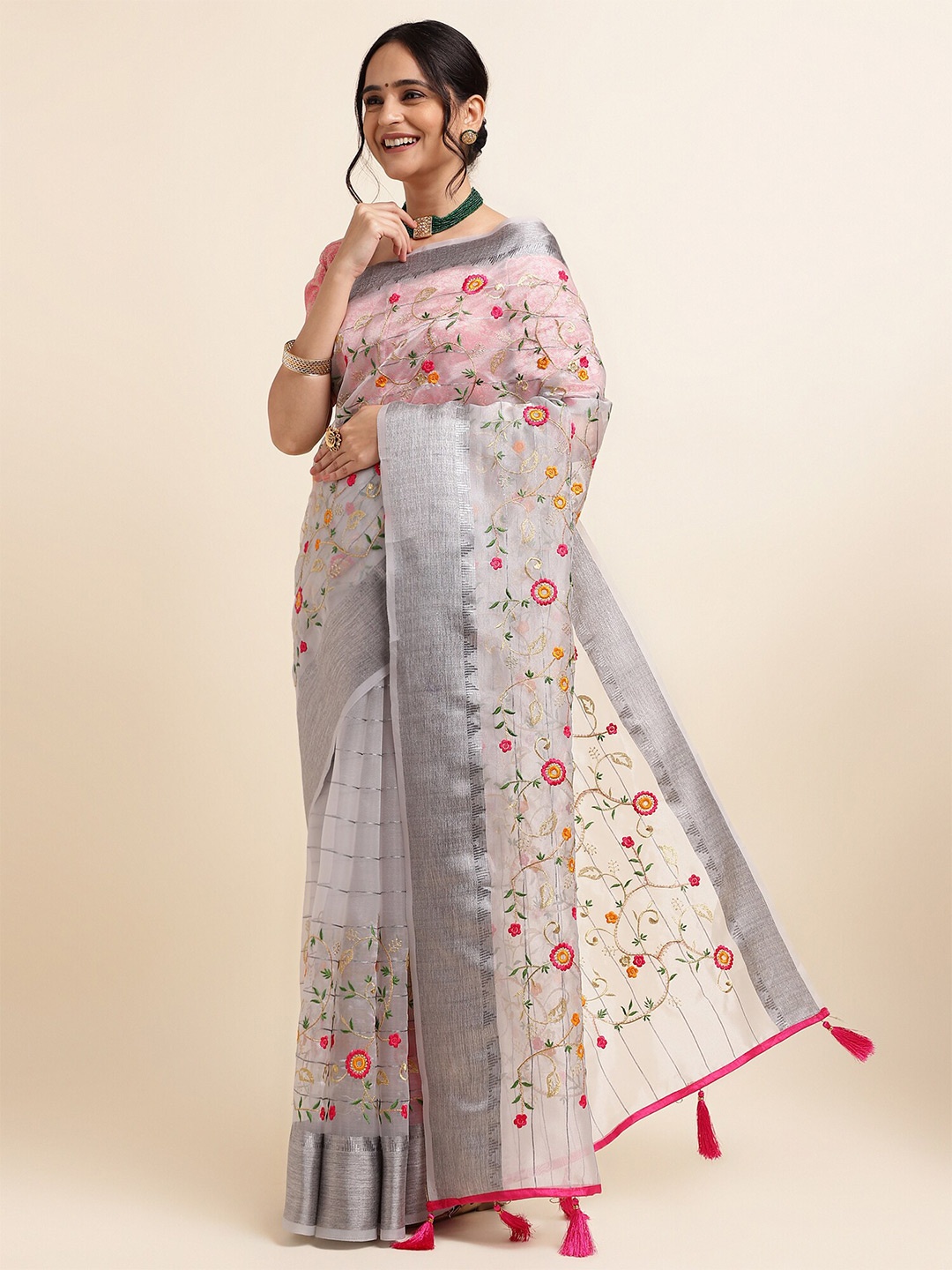 

FABMORA Embroidered Organza Saree, Grey